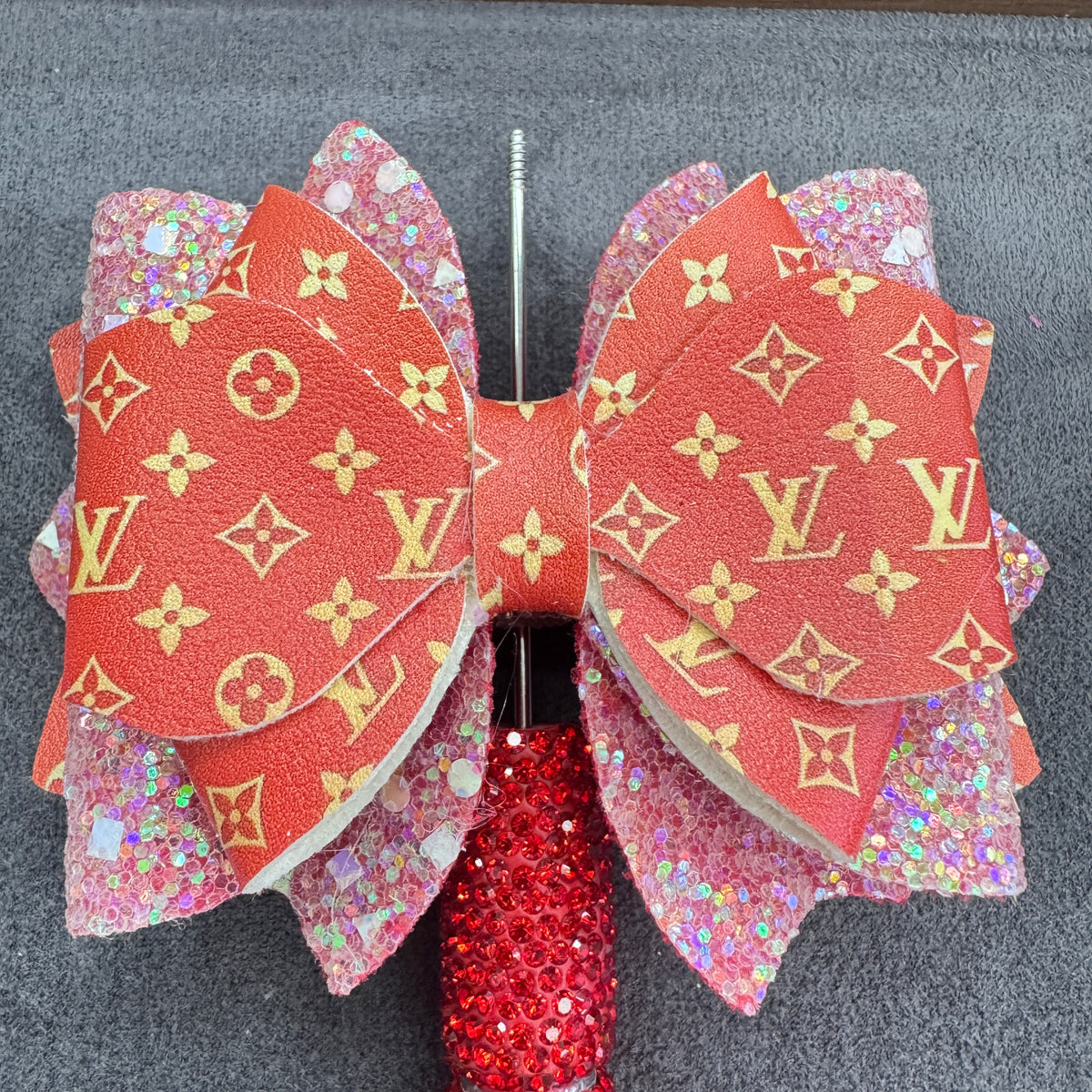 Vintage Floral Monogram‑Style Glitter Layered Leather Bling Bow Sugar Beads，with AB Rhinestones