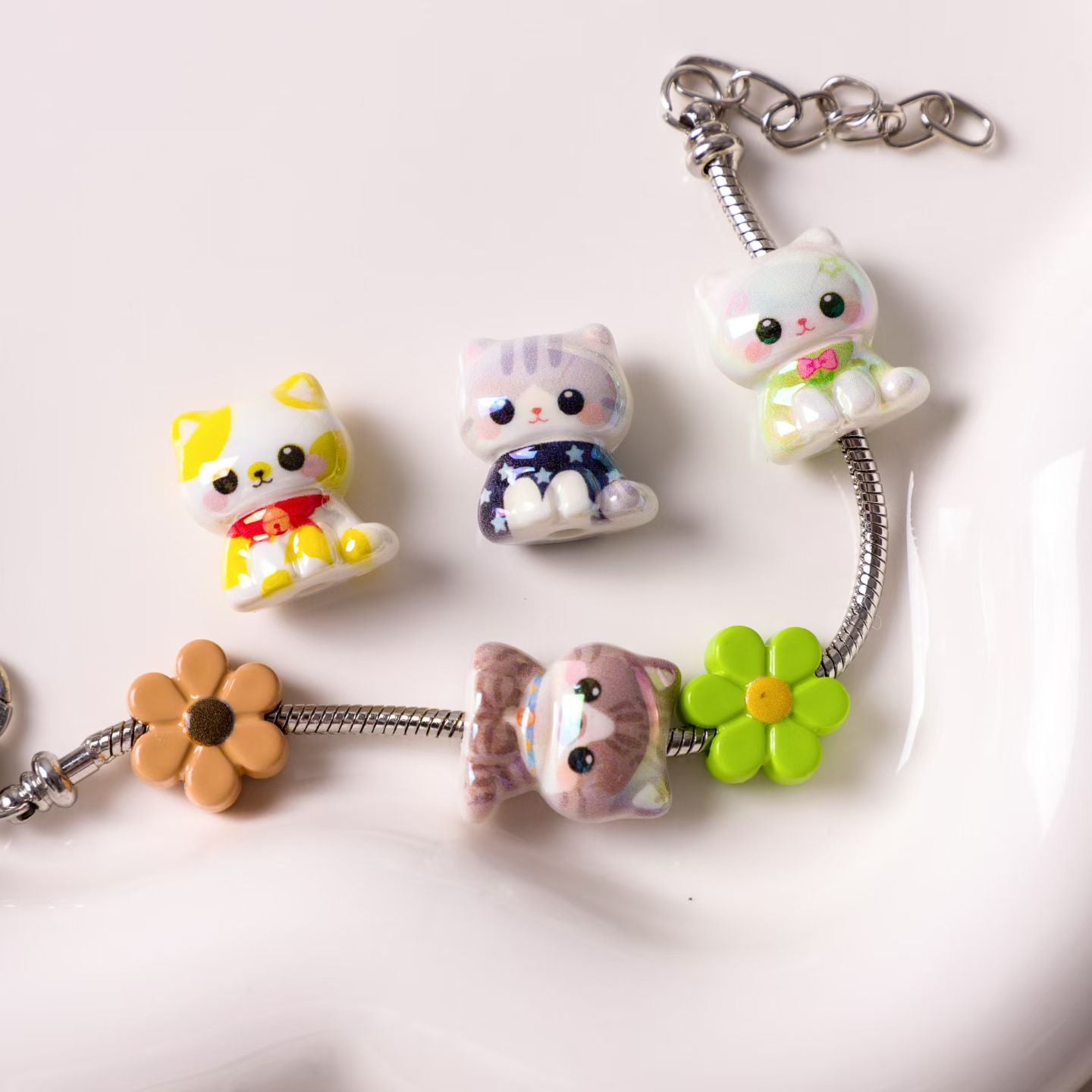 Acrylic Beads Cute Cat Character in Various Clothes, Random Mix