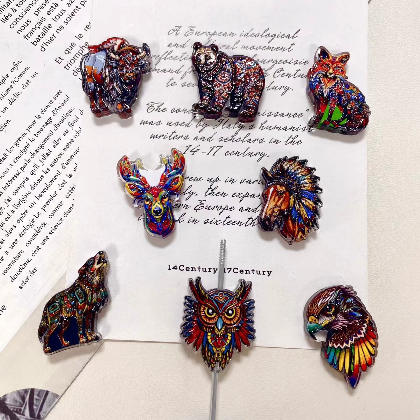 Boho Style Wild Animal Series Acrylic Beads, Wolf Horse Fox Bear Highland Cow Deer Eagle, Semi-Clear, For Pen Toppers,Random Mix