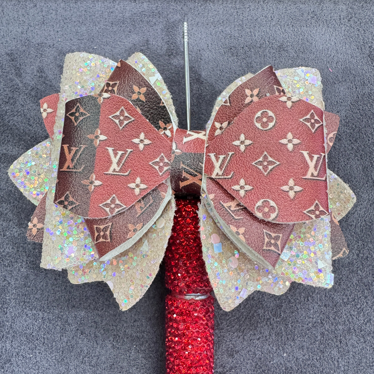 Vintage Floral Monogram‑Style Glitter Layered Leather Bling Bow Sugar Beads，with AB Rhinestones