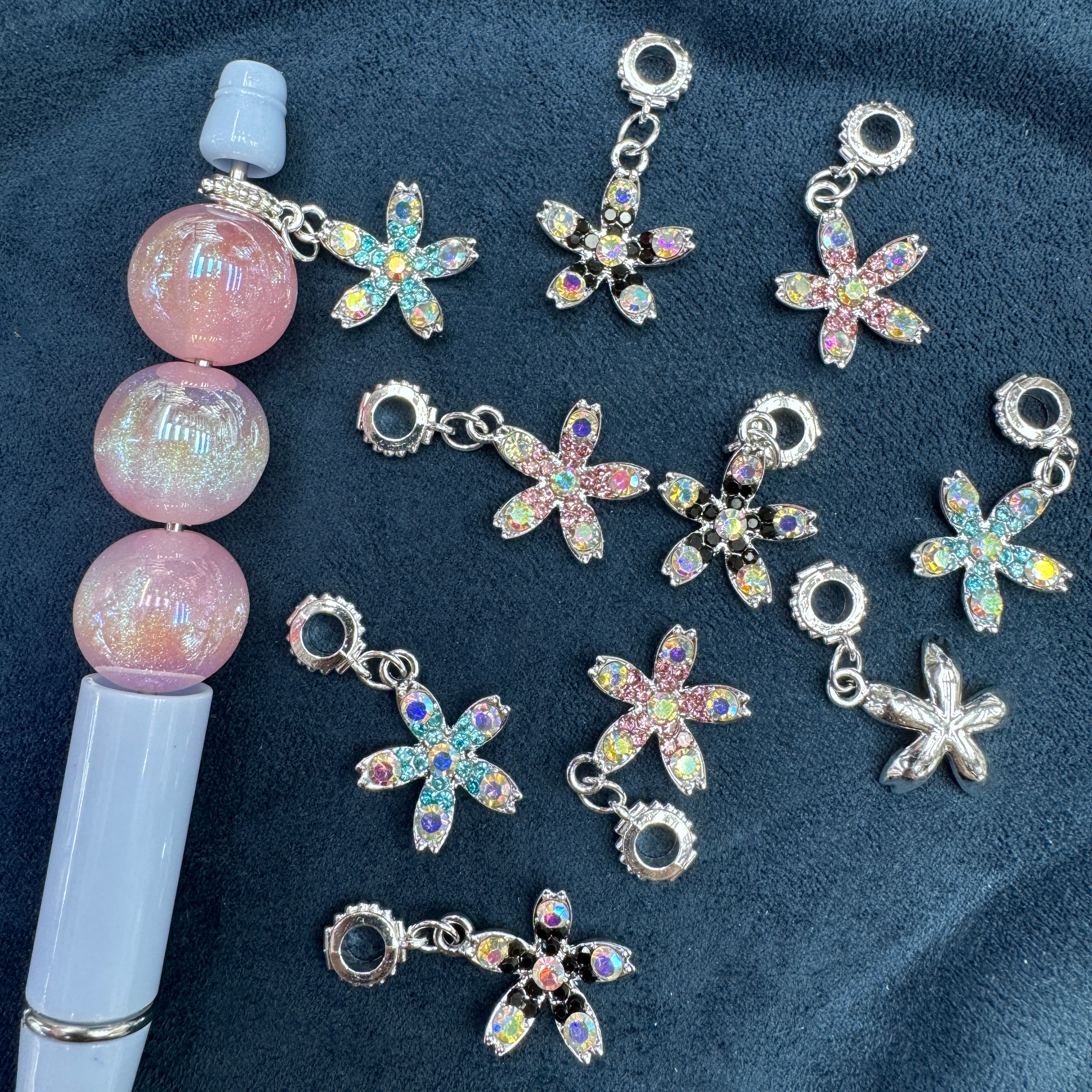 Shiny Silver Multi-Color Rhinestone Five Petal Flower Shaped Metal Charms Random Mix For  Pen Toppers