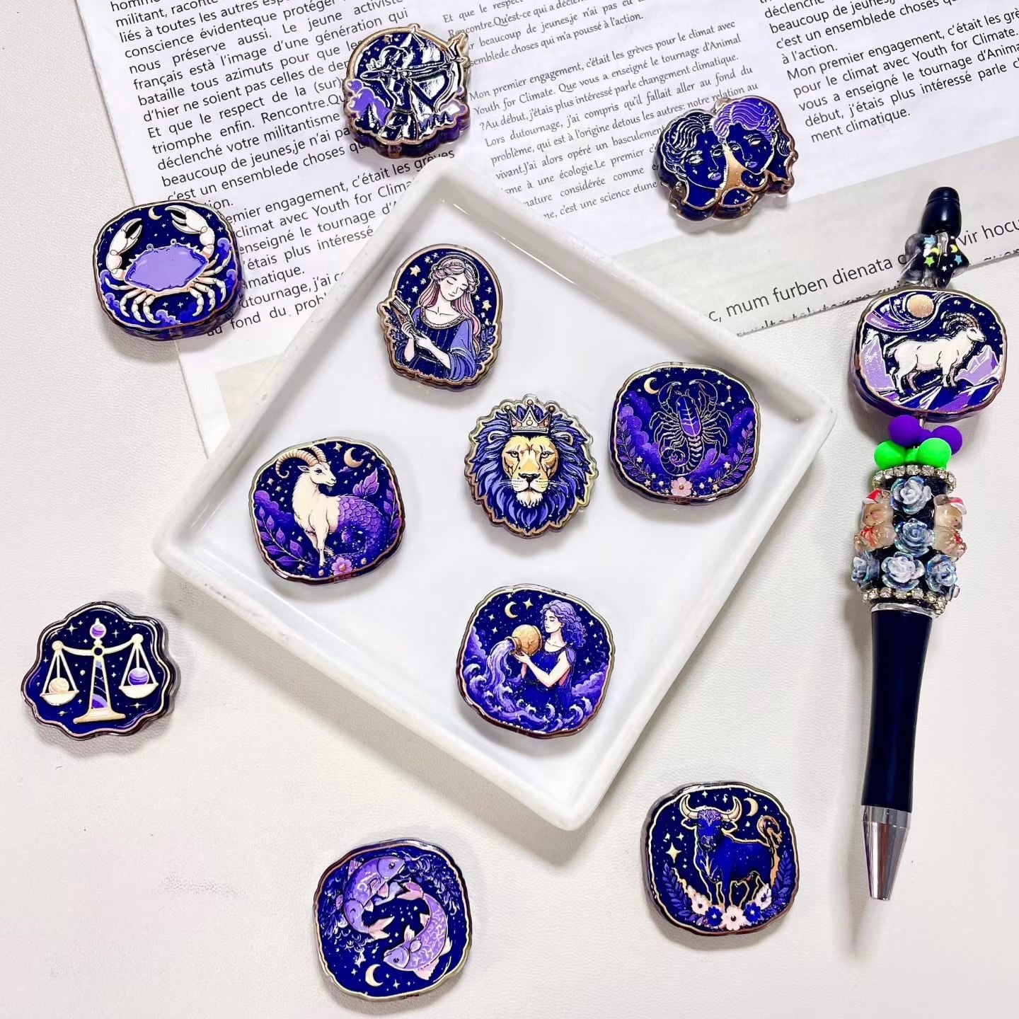 Twelve Constellation in Dark Purple Series Acrylic Beads, Semi-Clear,For Pen Toppers, Random Mix