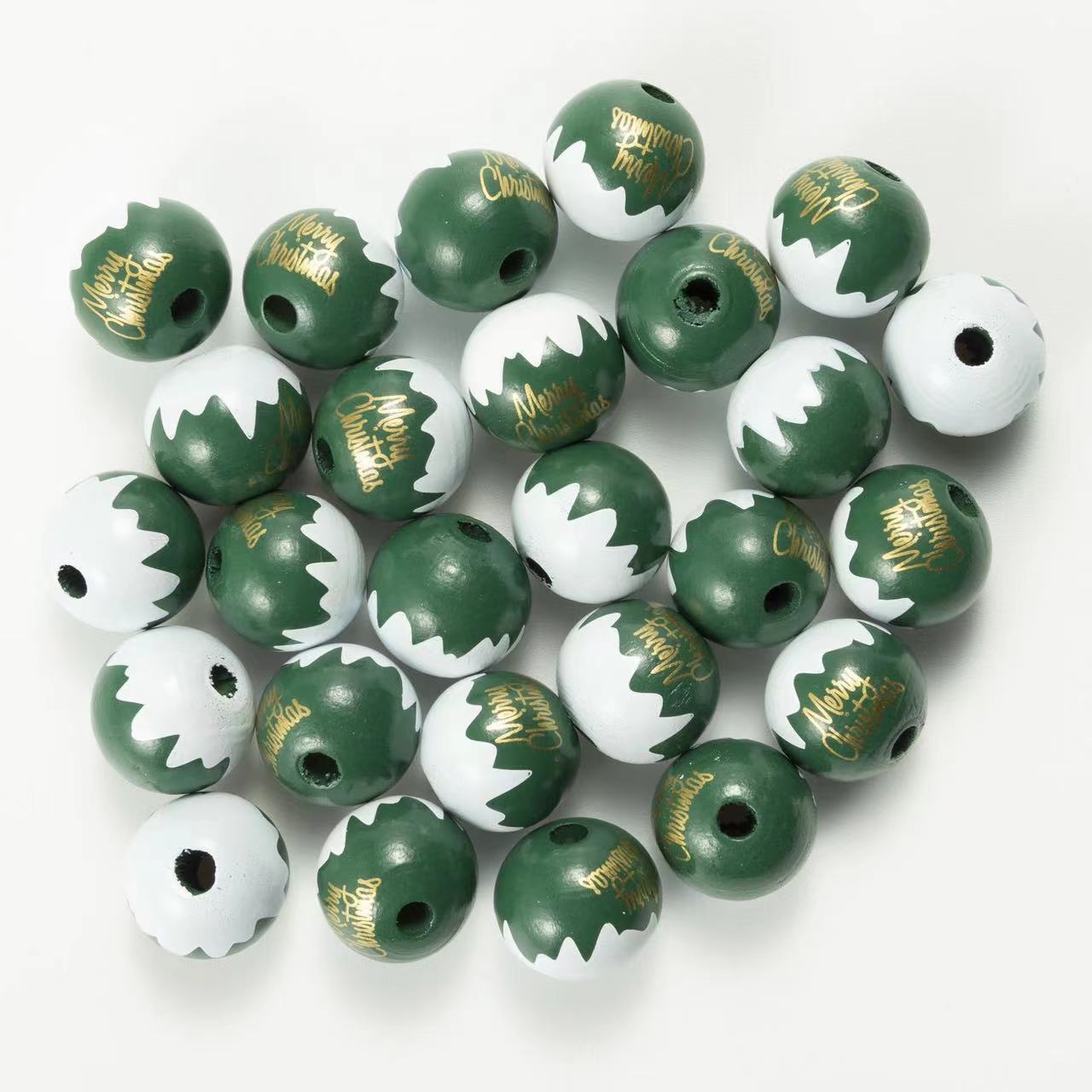 50 Pieces 16mm Size Green Merry Christmas   Wooden Beads