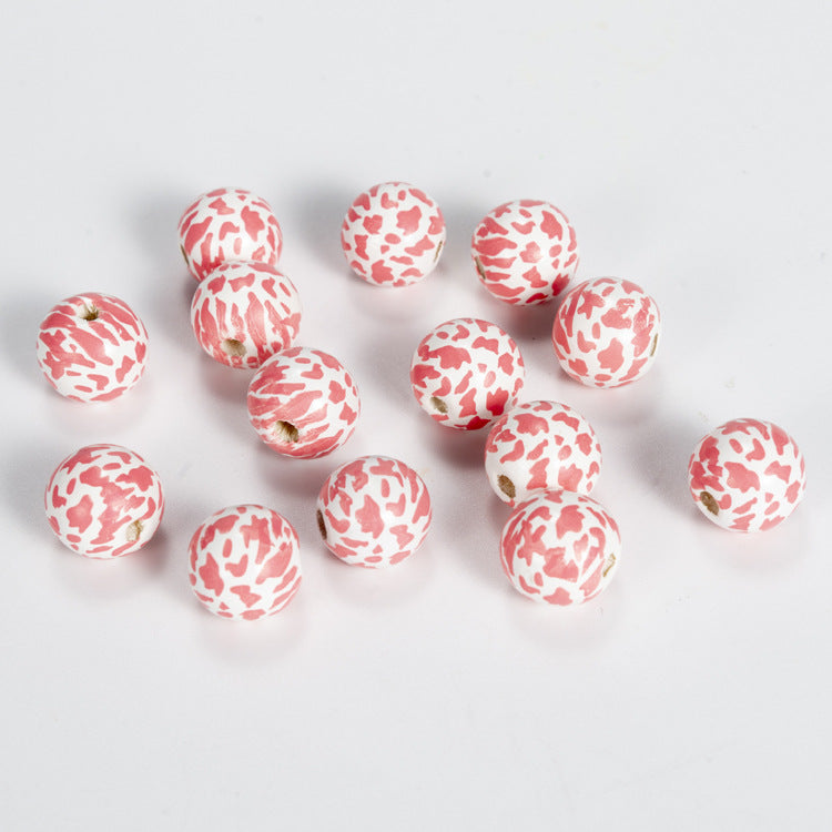 50 Pieces 16mm Pink Leopard Printed  Printed  Wooden Beads