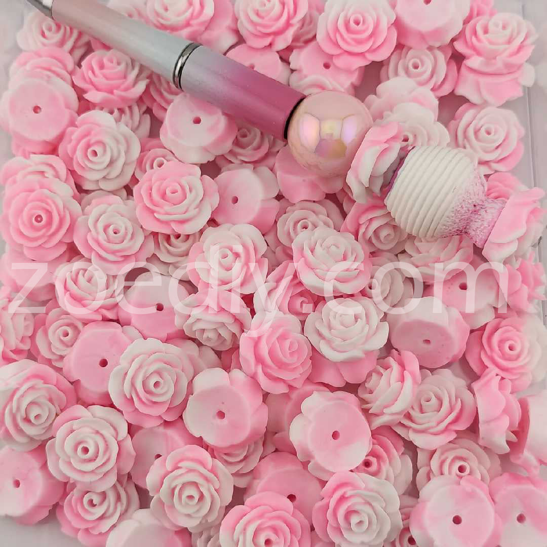 50 PCS Pink White Rose Flower Resin Beads or Pen Toppers Double Use