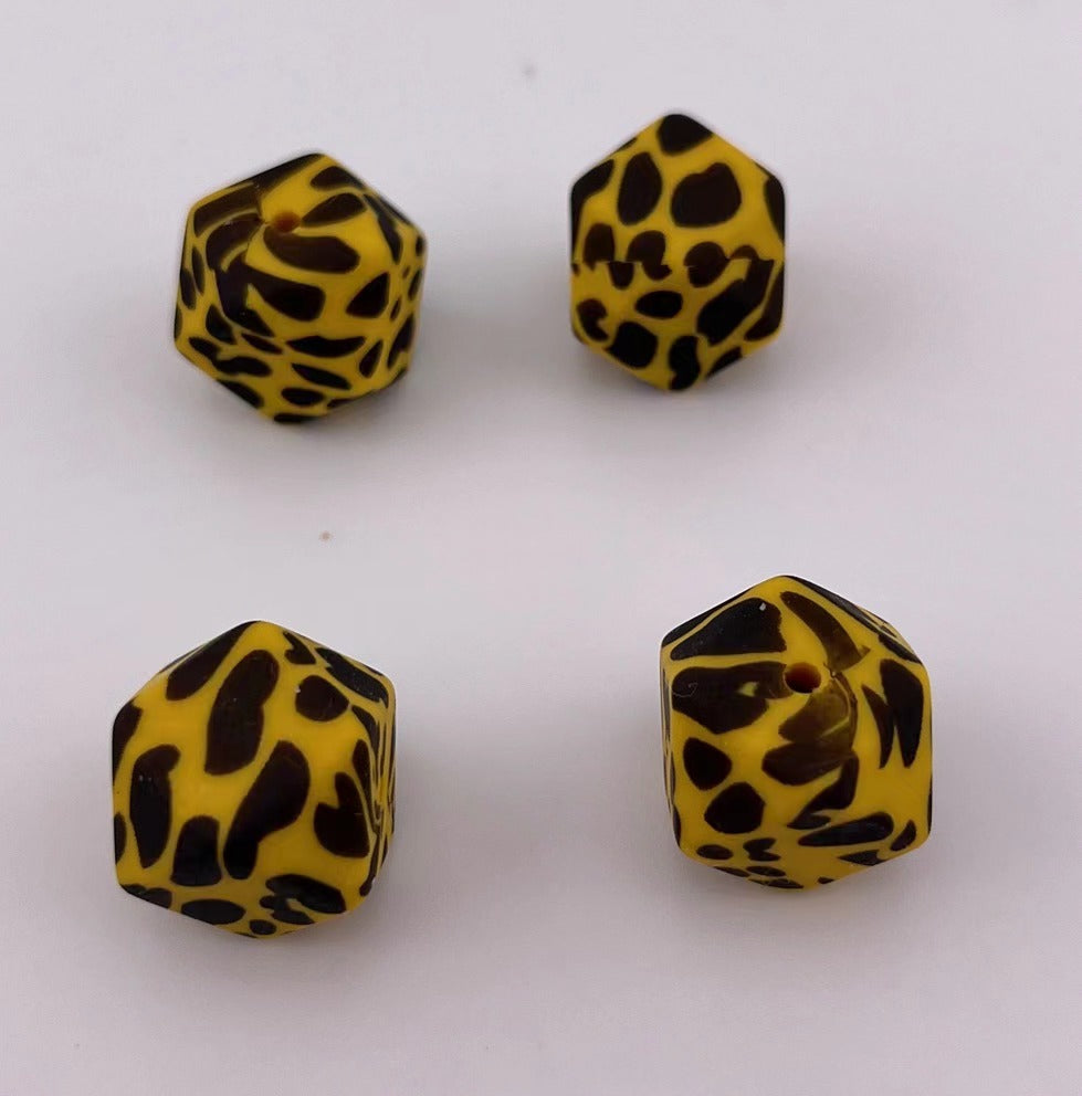 50 Pieces 17MM  Yellow Leopard Printed Hexagon Silicone Beads