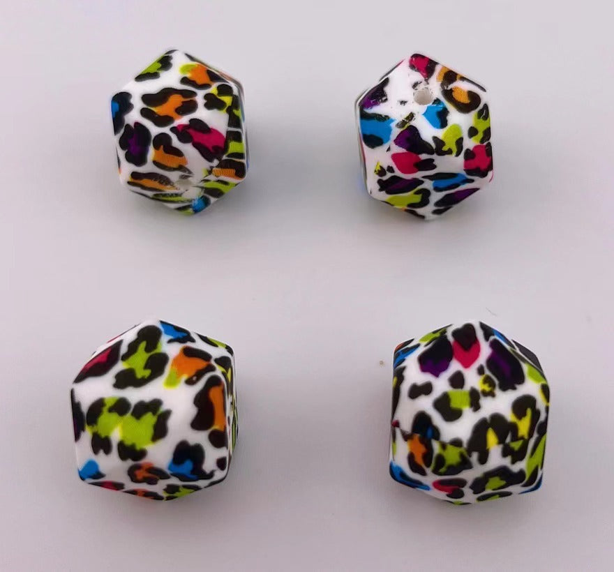 50 Pieces 17MM  Colorful Leopard Printed Hexagon Silicone Beads