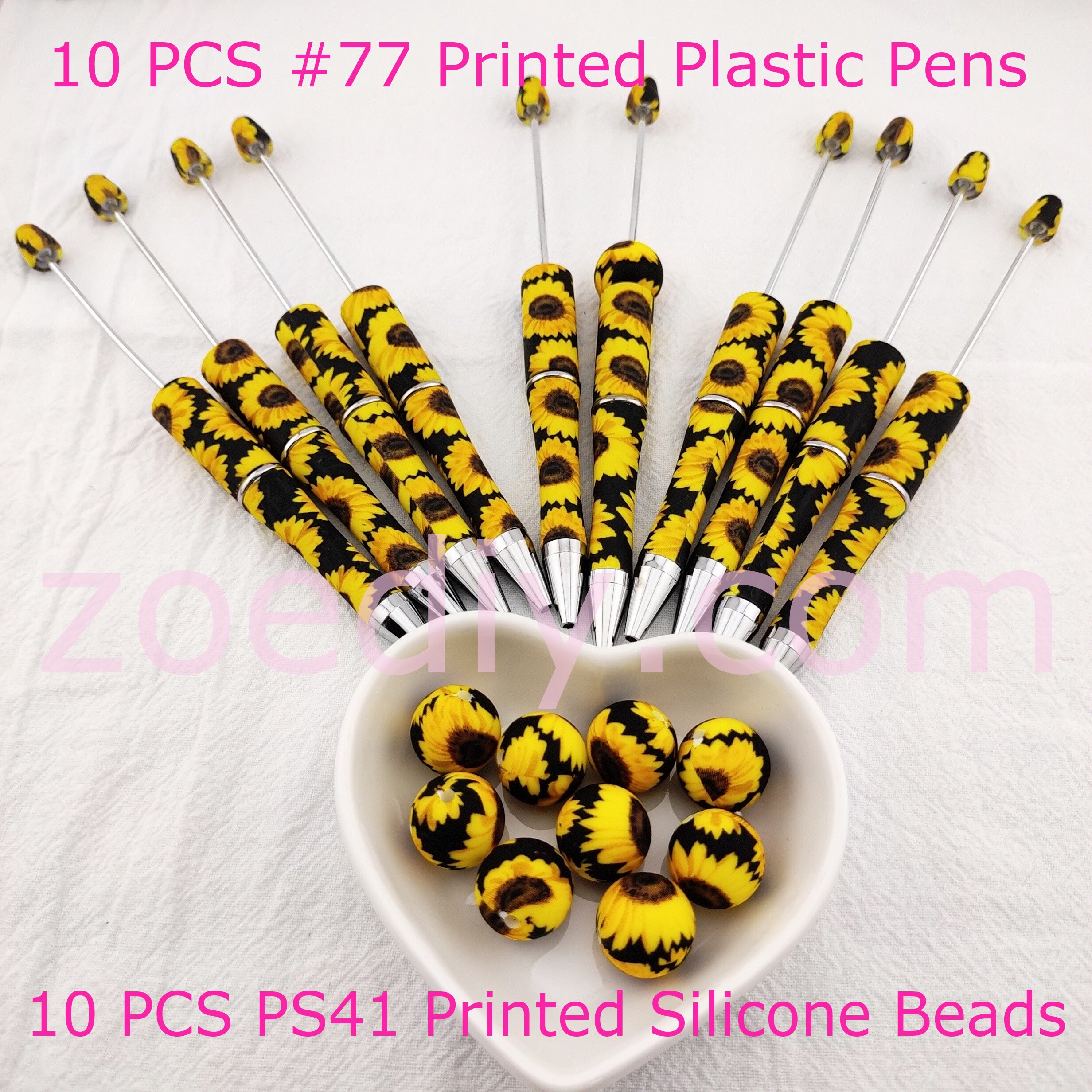 10 PCS Sunflower #77 Printed Plastic Pens + 10 PCS PS41 Printed Silicone Beads SET