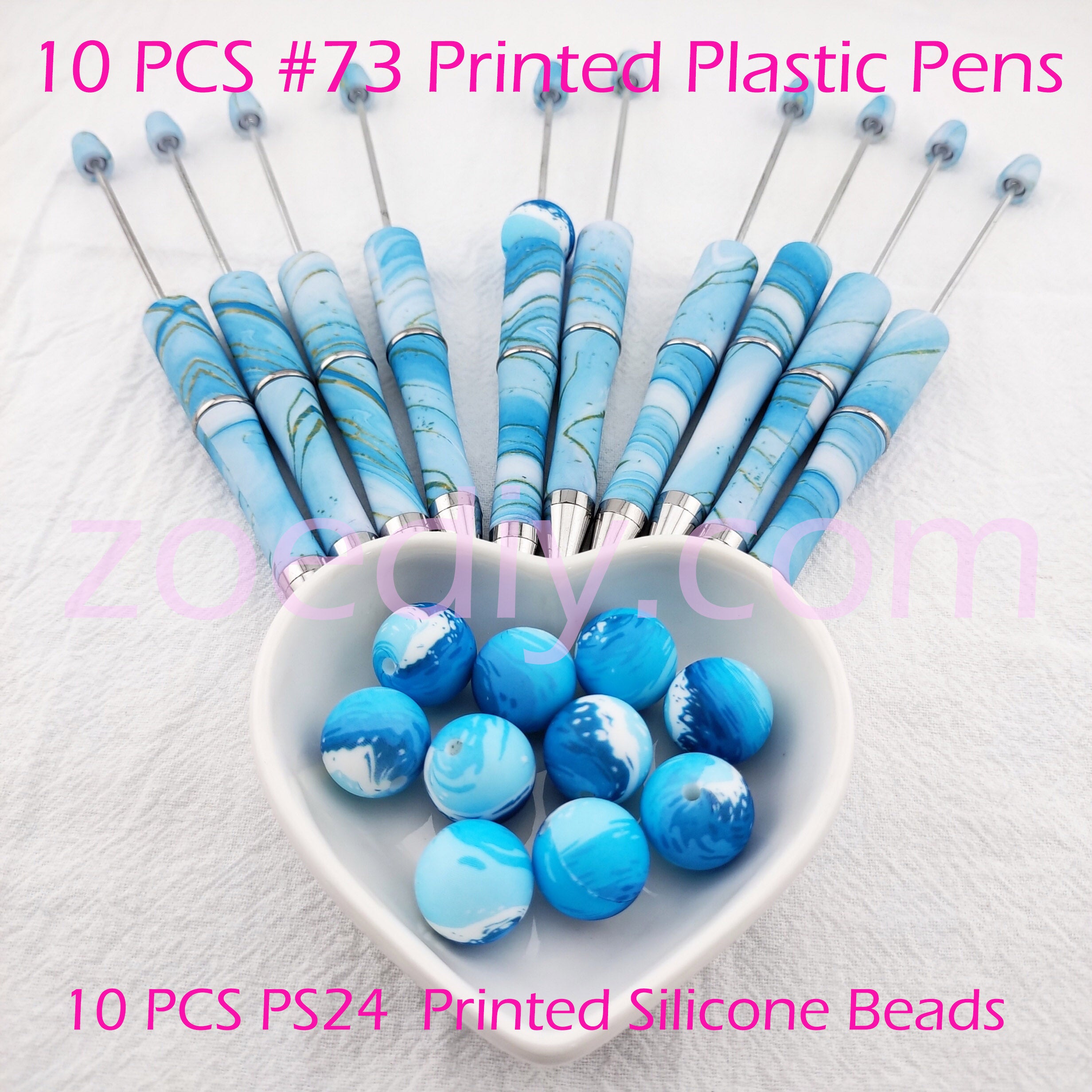 10 PCS Blue Ocean Marble #73 Printed Plastic Pens + 10 PCS PS24 Printed Silicone Beads SET