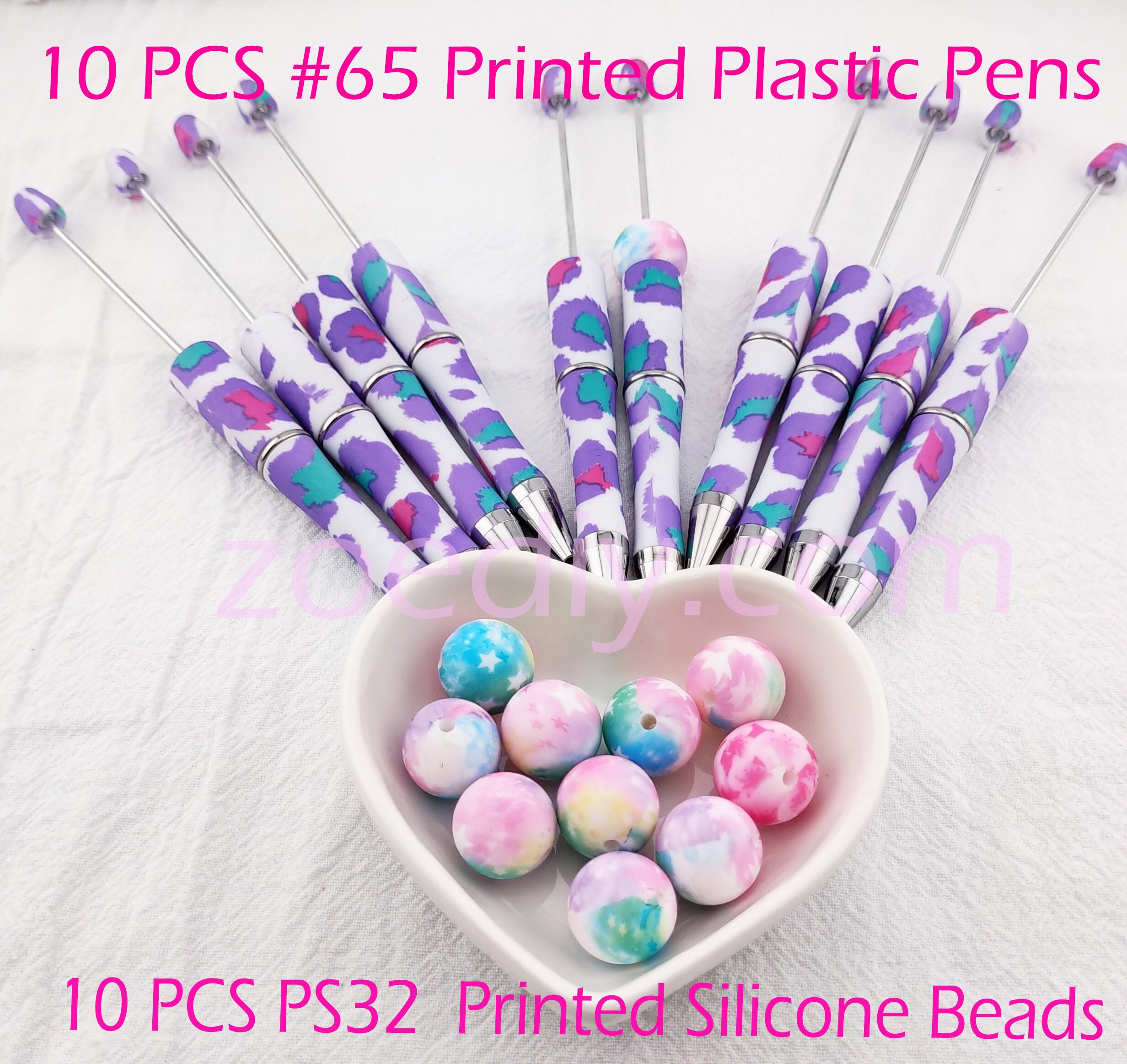 10 PCS Purple #65 Printed Plastic Pens + 10 PCS PS32 Printed Silicone Beads SET