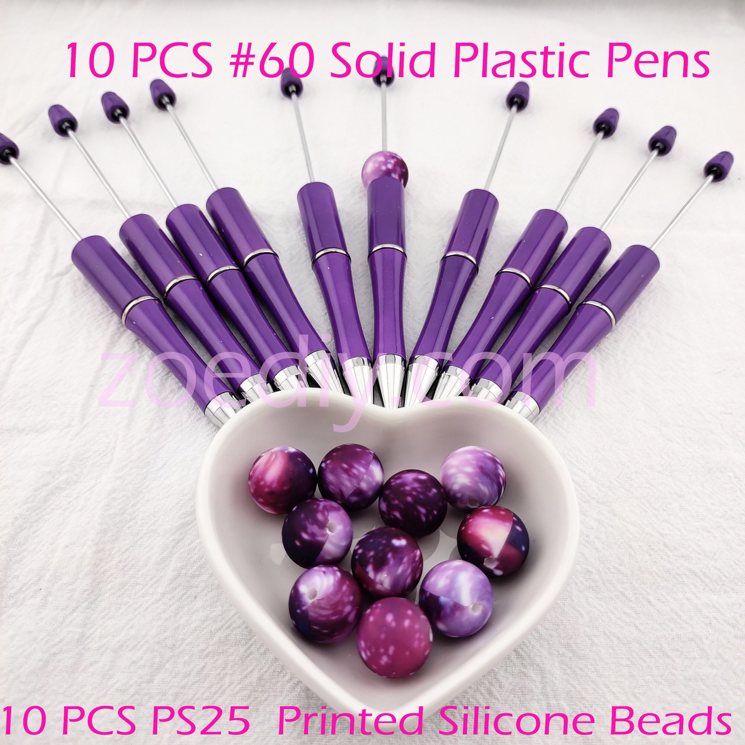 10 PCS Purple #60 Solid Plastic Pens + 10 PCS PS25 Printed Silicone Beads SET