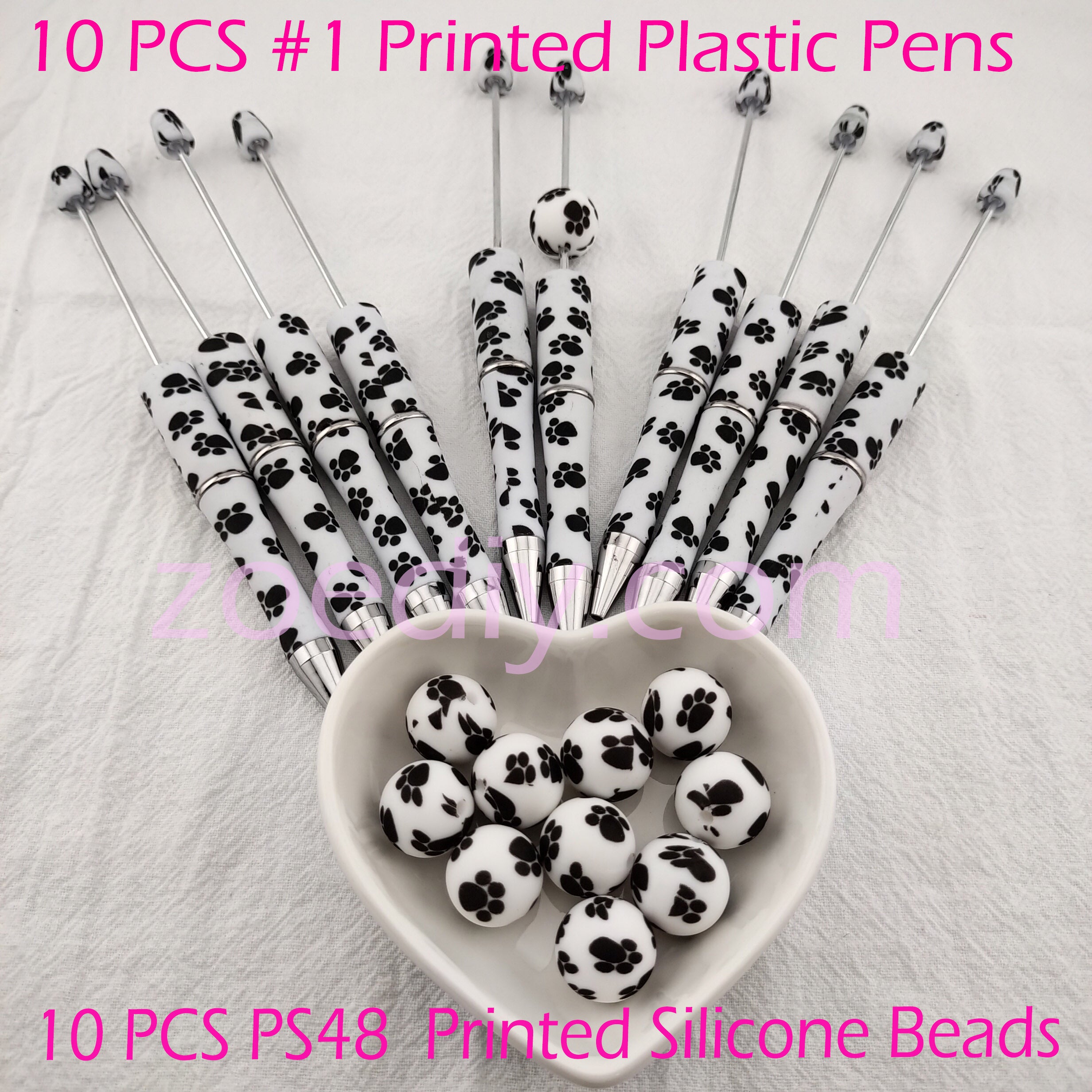 10 PCS Dog Paw #1 Printed Plastic Pens + 10 PCS PS48 Printed Silicone Beads SET
