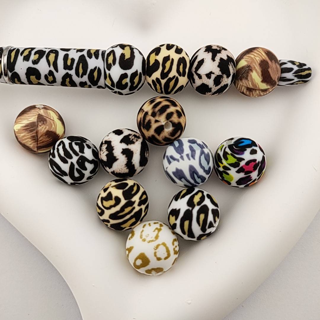 50 Pieces Mixed Color Leopard Print Printed Silicone Beads 15MM