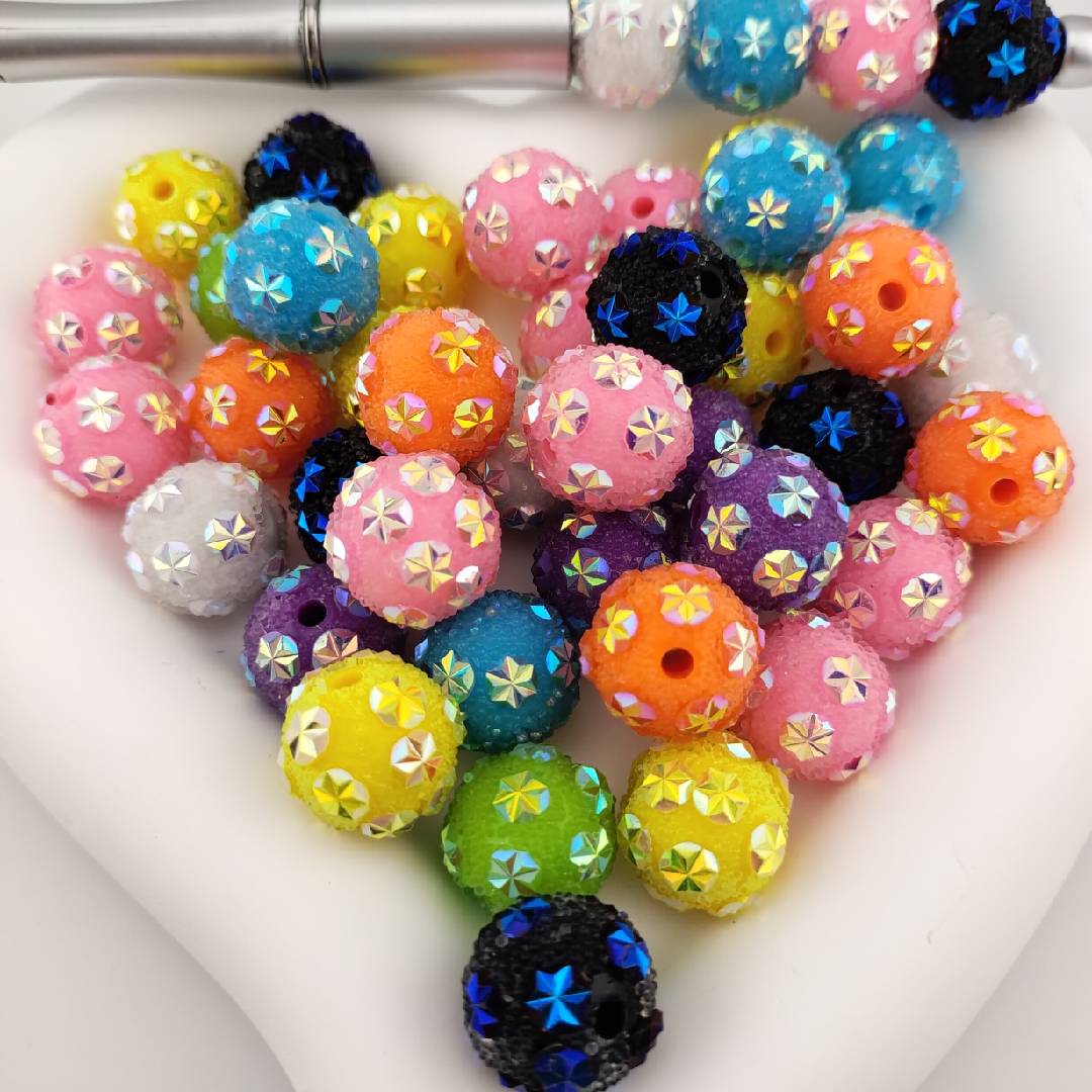 50 Pieces 15MM Random Mixed Color Sparkling Round Beads with Diamond