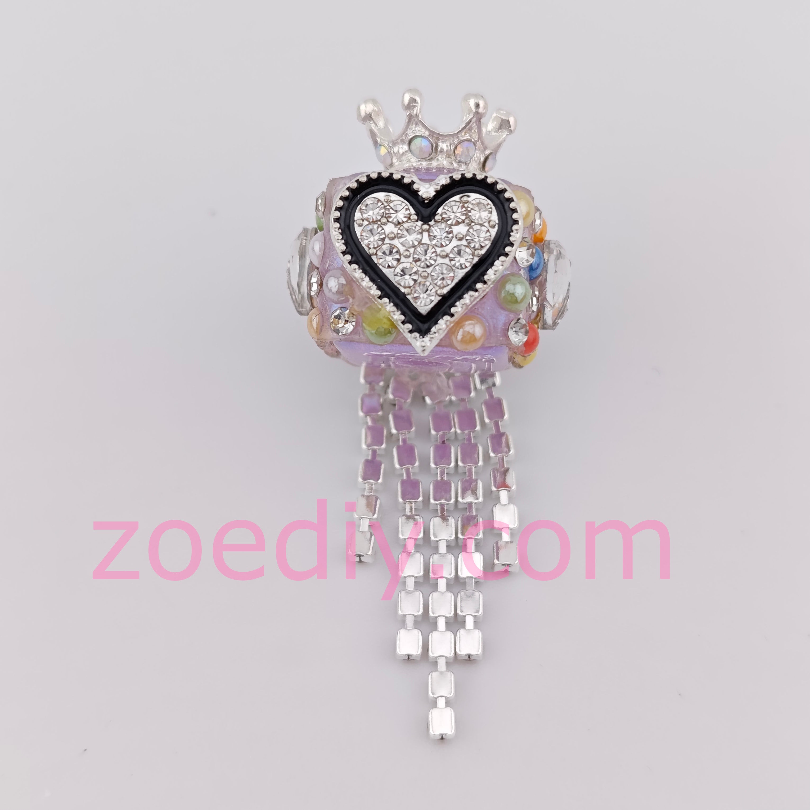 (K985) Silver Love Heart with Crown and Colorful Pearl Diamonds Sparkling Beads