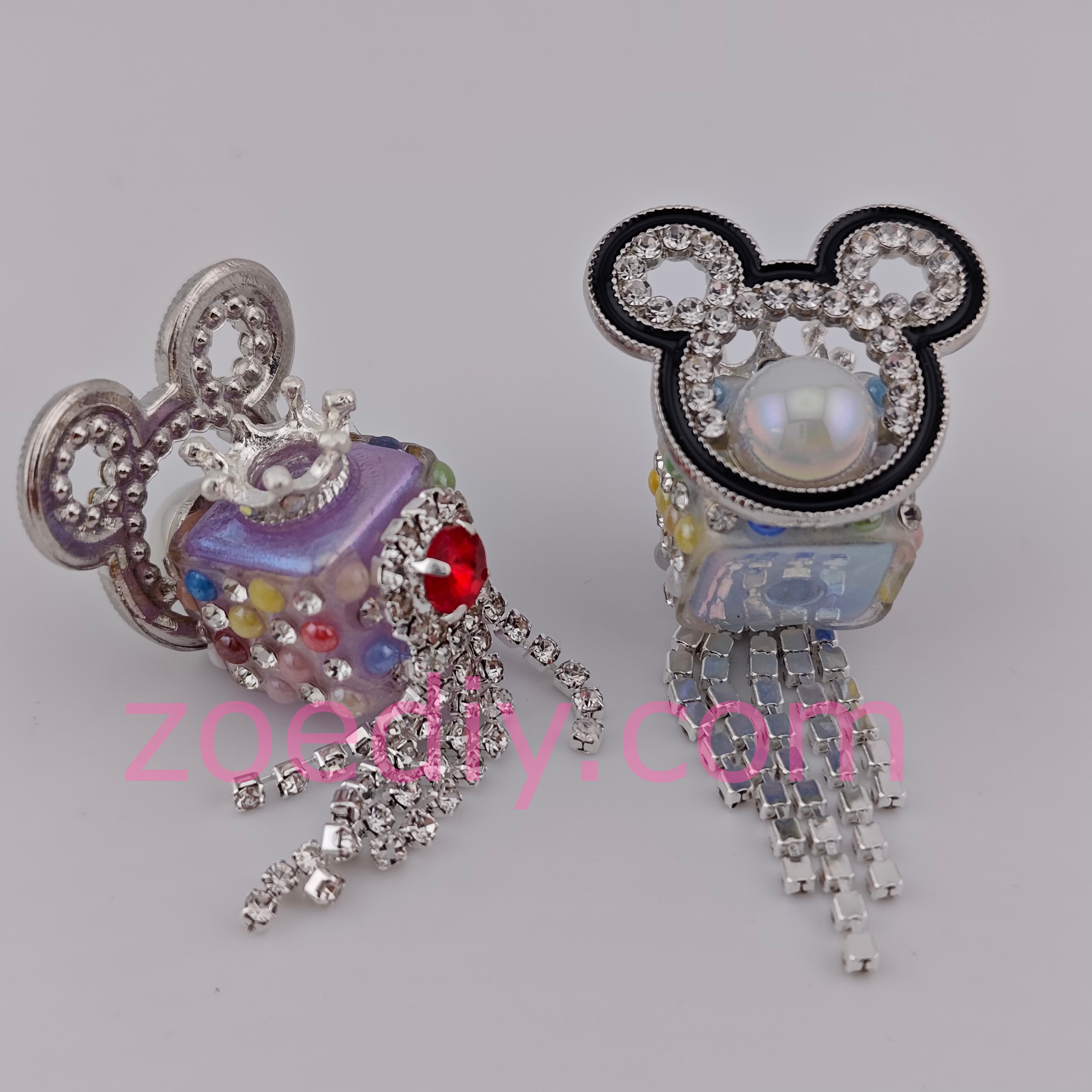 (K983) Silver Mickey Head with Crown and Colorful Pearl Diamonds Sparkling Beads