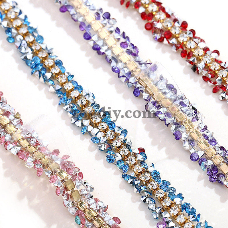 FS0880-0.9cm Width Sugar Diamonds Wraps tapes With Gold Chain In Middle For Making Fancy Bead