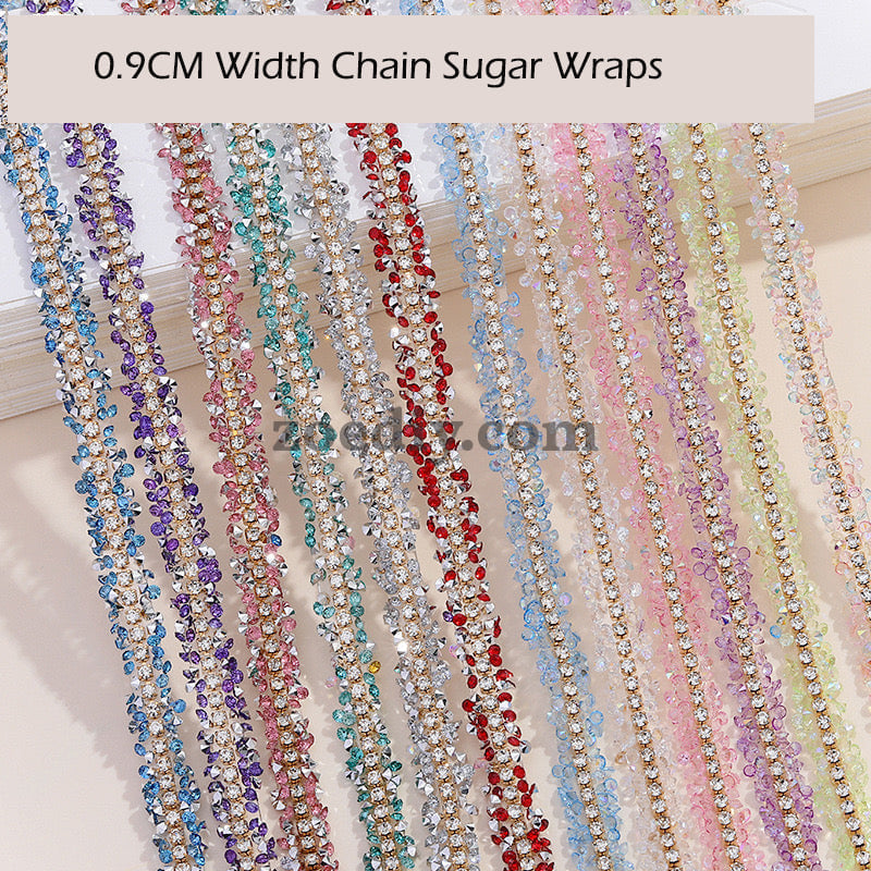 FS0880-0.9cm Width Sugar Diamonds Wraps tapes With Gold Chain In Middle For Making Fancy Bead