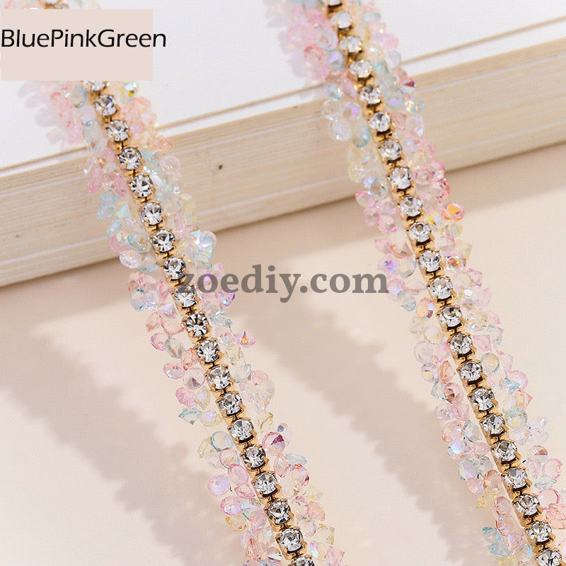 FS0880-0.9cm Width Sugar Diamonds Wraps tapes With Gold Chain In Middle For Making Fancy Bead