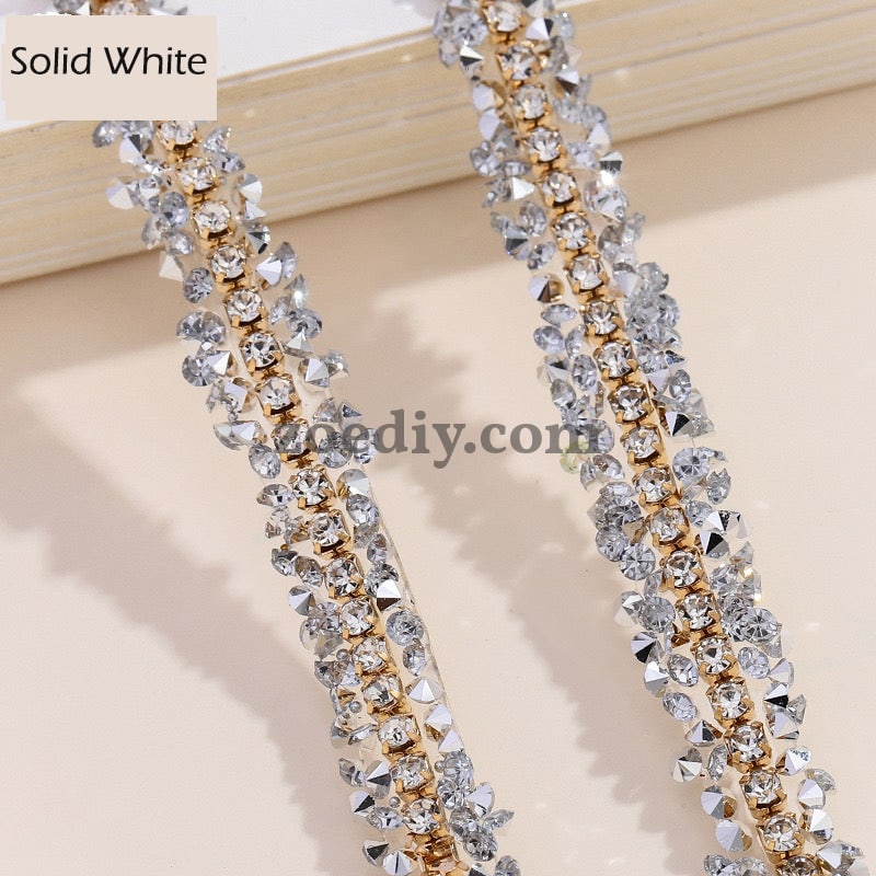 FS0880-0.9cm Width Sugar Diamonds Wraps tapes With Gold Chain In Middle For Making Fancy Bead