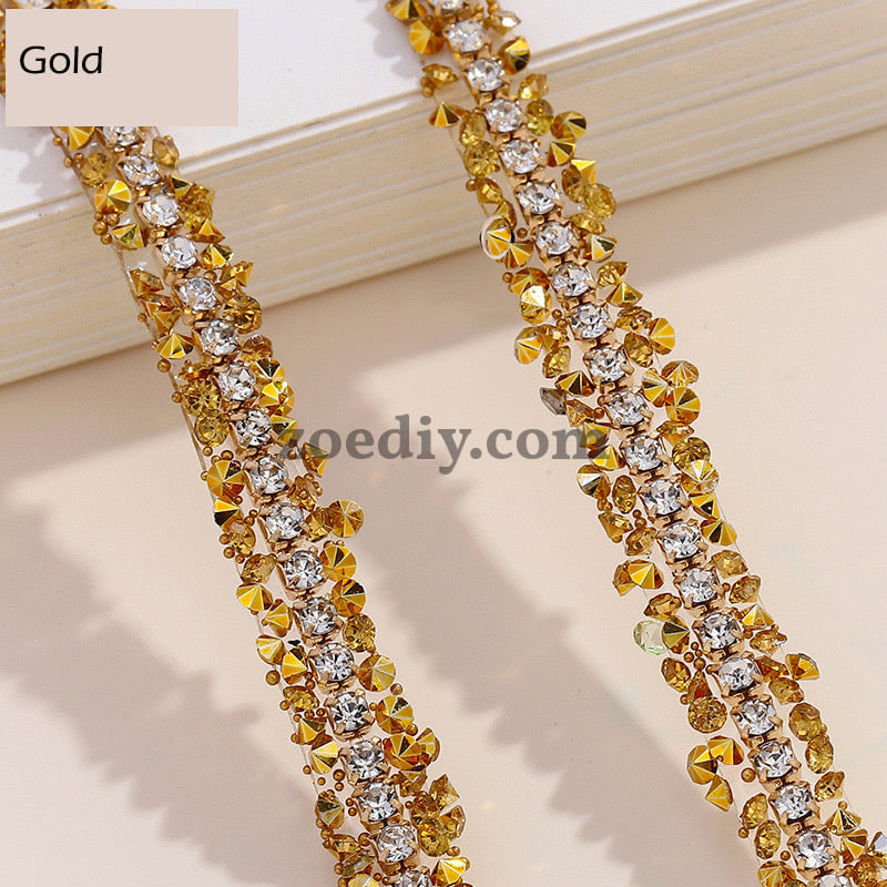 FS0880-0.9cm Width Sugar Diamonds Wraps tapes With Gold Chain In Middle For Making Fancy Bead