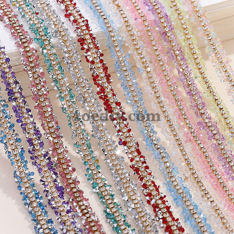 FS0880-0.9cm Width Sugar Diamonds Wraps tapes With Gold Chain In Middle For Making Fancy Bead