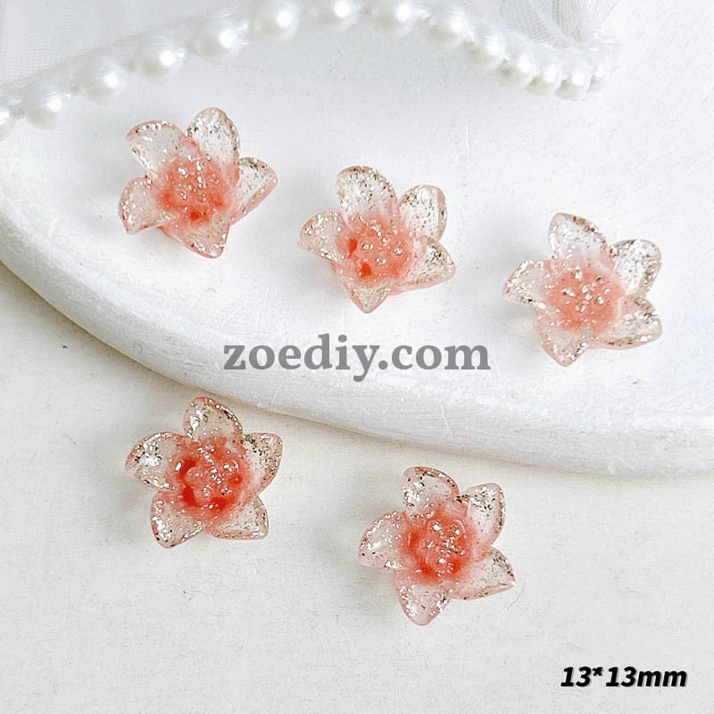 FS1031- 13MM Mixed Color Glitter Glowing lily Flower Resin Nail Charms For Making Fancy Bead Or Fancy Pen