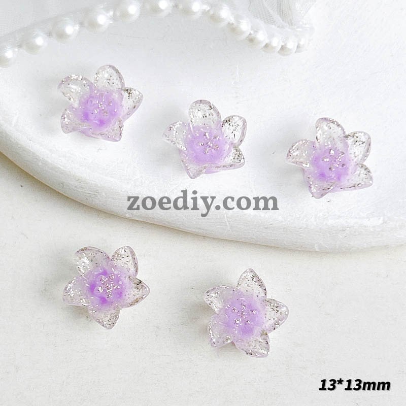 FS1031- 13MM Mixed Color Glitter Glowing lily Flower Resin Nail Charms For Making Fancy Bead Or Fancy Pen