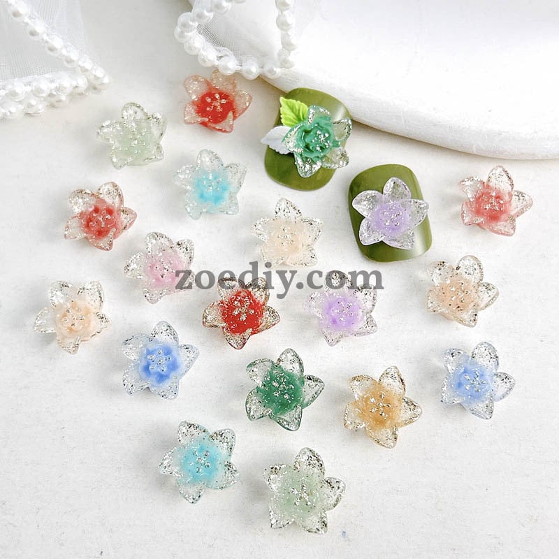 FS1031- 13MM Mixed Color Glitter Glowing lily Flower Resin Nail Charms For Making Fancy Bead Or Fancy Pen