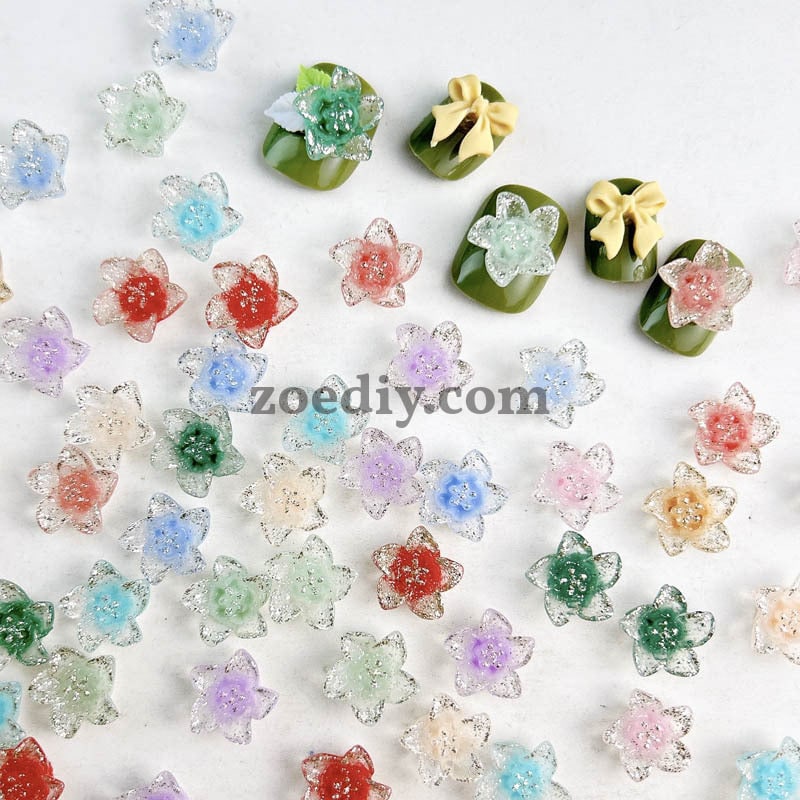 FS1031- 13MM Mixed Color Glitter Glowing lily Flower Resin Nail Charms For Making Fancy Bead Or Fancy Pen