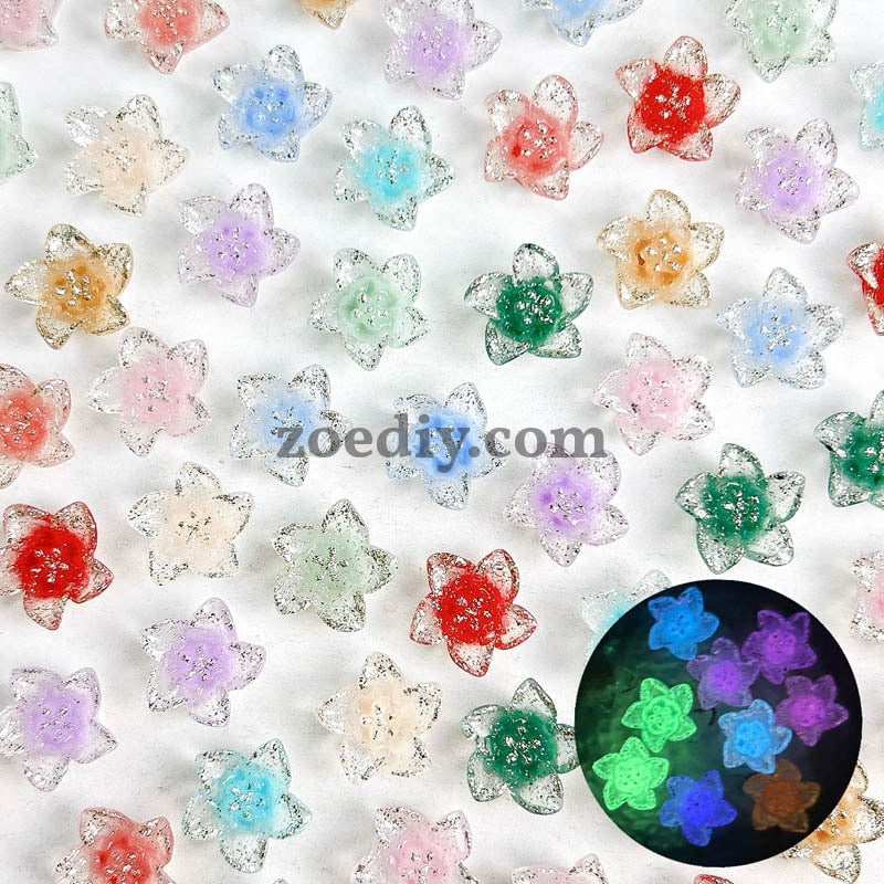 FS1031- 13MM Mixed Color Glitter Glowing lily Flower Resin Nail Charms For Making Fancy Bead Or Fancy Pen