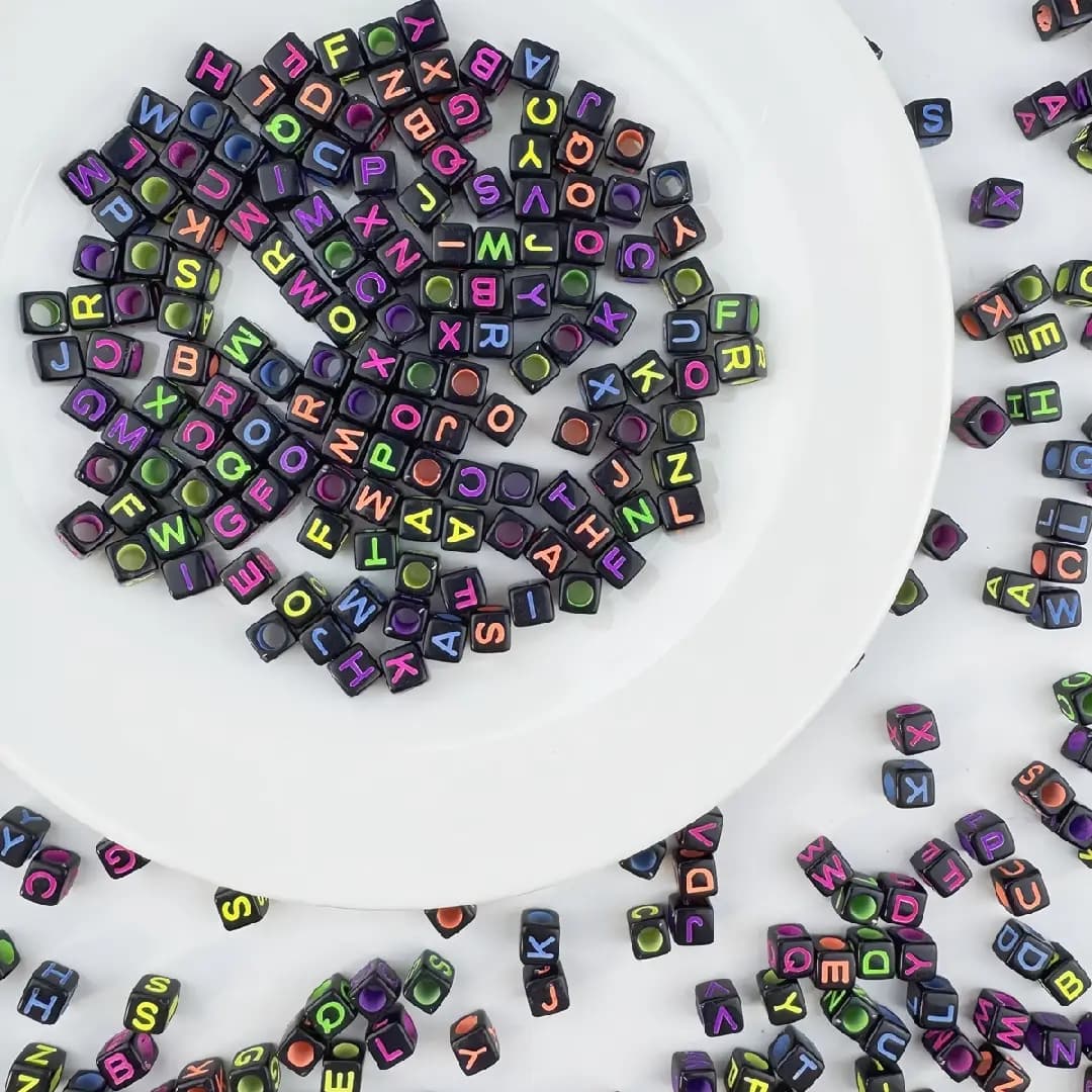 FS6764-6*6MM Square Black Background Colorful English Letter Acrylic Beads 6*6MM Square Silver Based Colorful English Letter Acrylic Beads for  DIY Jewellery Making, Bracelets Necklaces Zoe DIY Wholesale