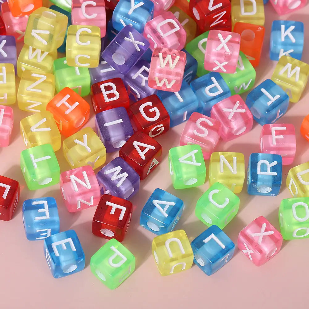 FS6783-9MM Square Transparent Color Acrylic Letter Beads With White Writing For Jewellery, Necklaces, Keyrings Zoe DIY Wholesale