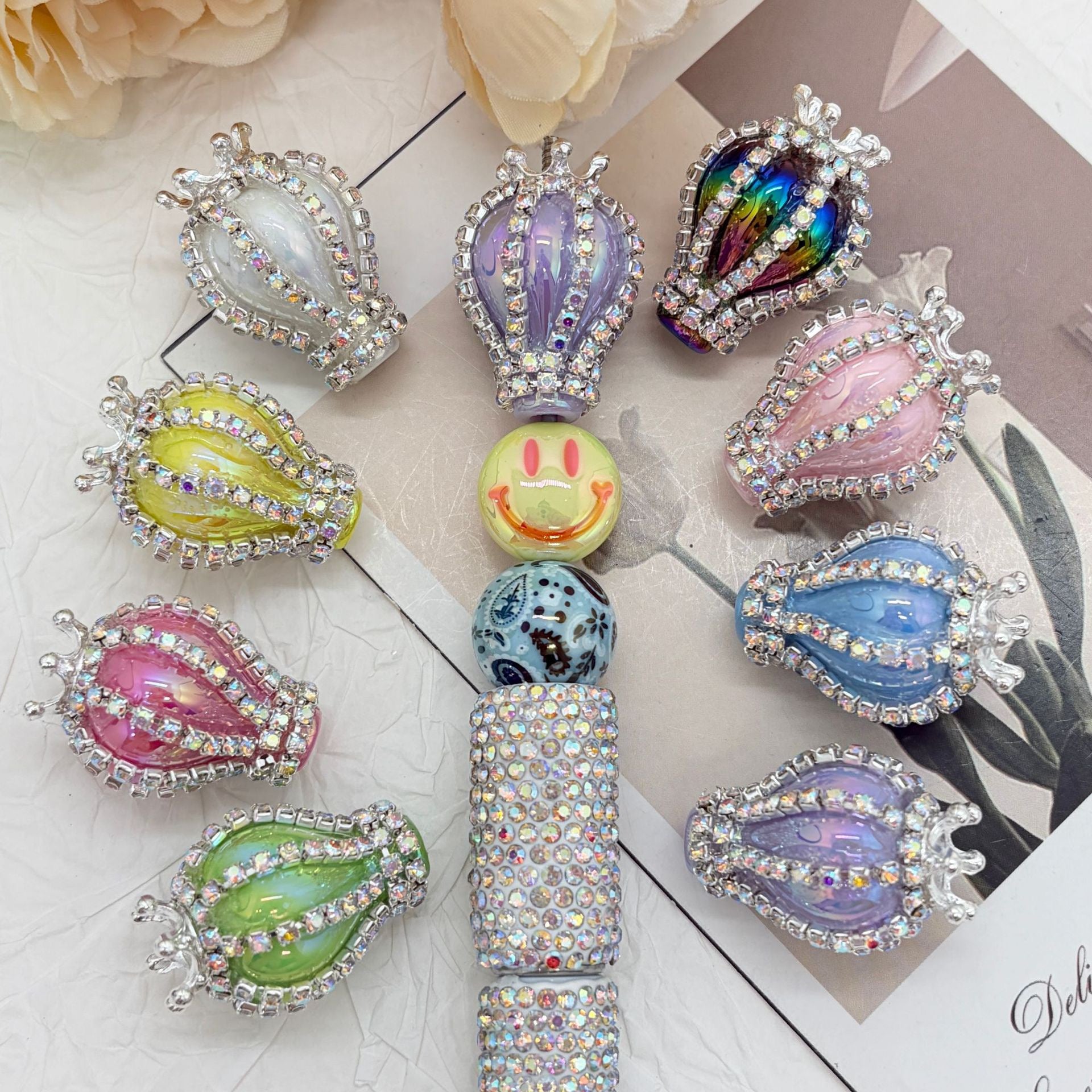 UV Finish Candy Color Hot Air Balloon Acrylic Beads with Silver Alloy Crown AB Rhinestones Chains