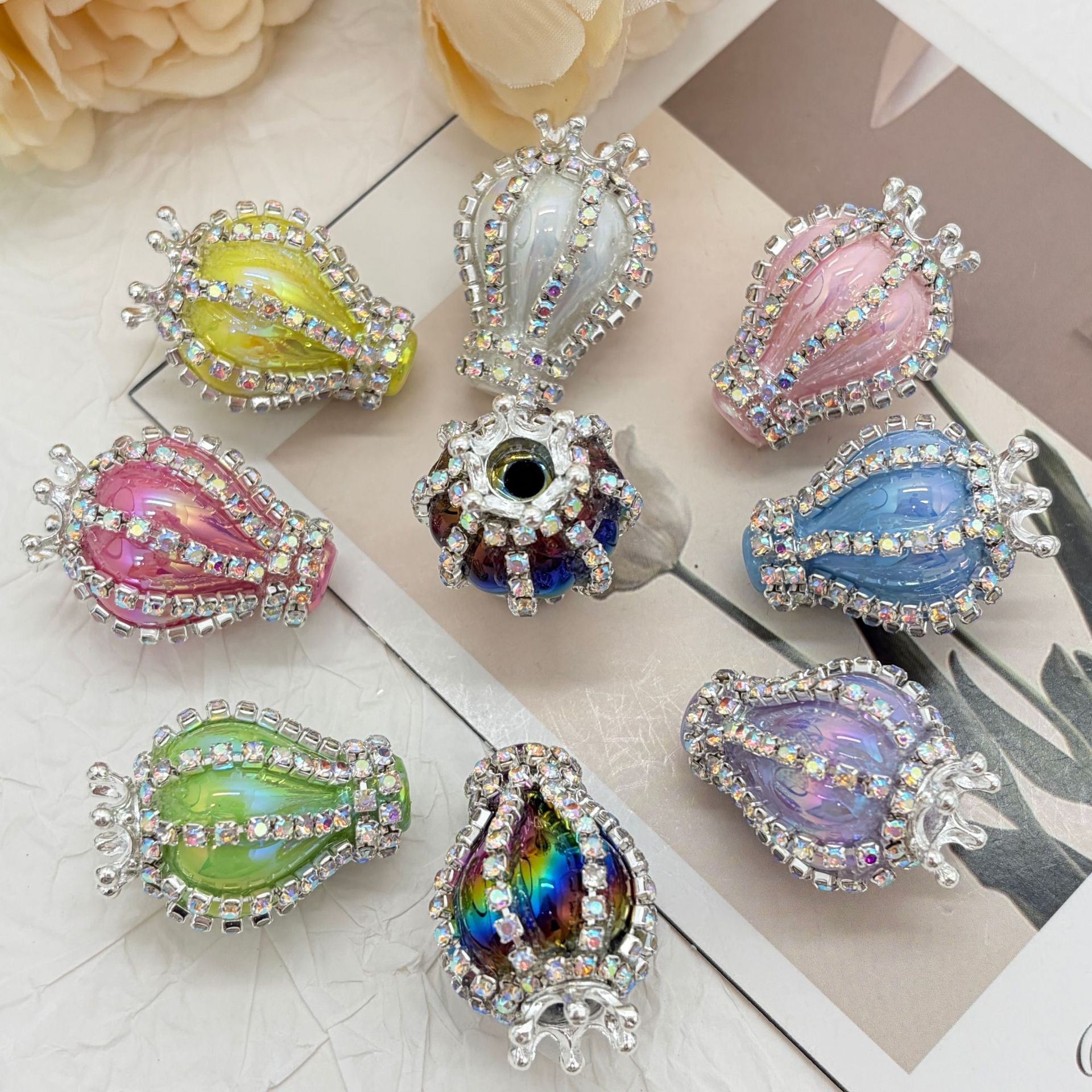 UV Finish Candy Color Hot Air Balloon Acrylic Beads with Silver Alloy Crown AB Rhinestones Chains