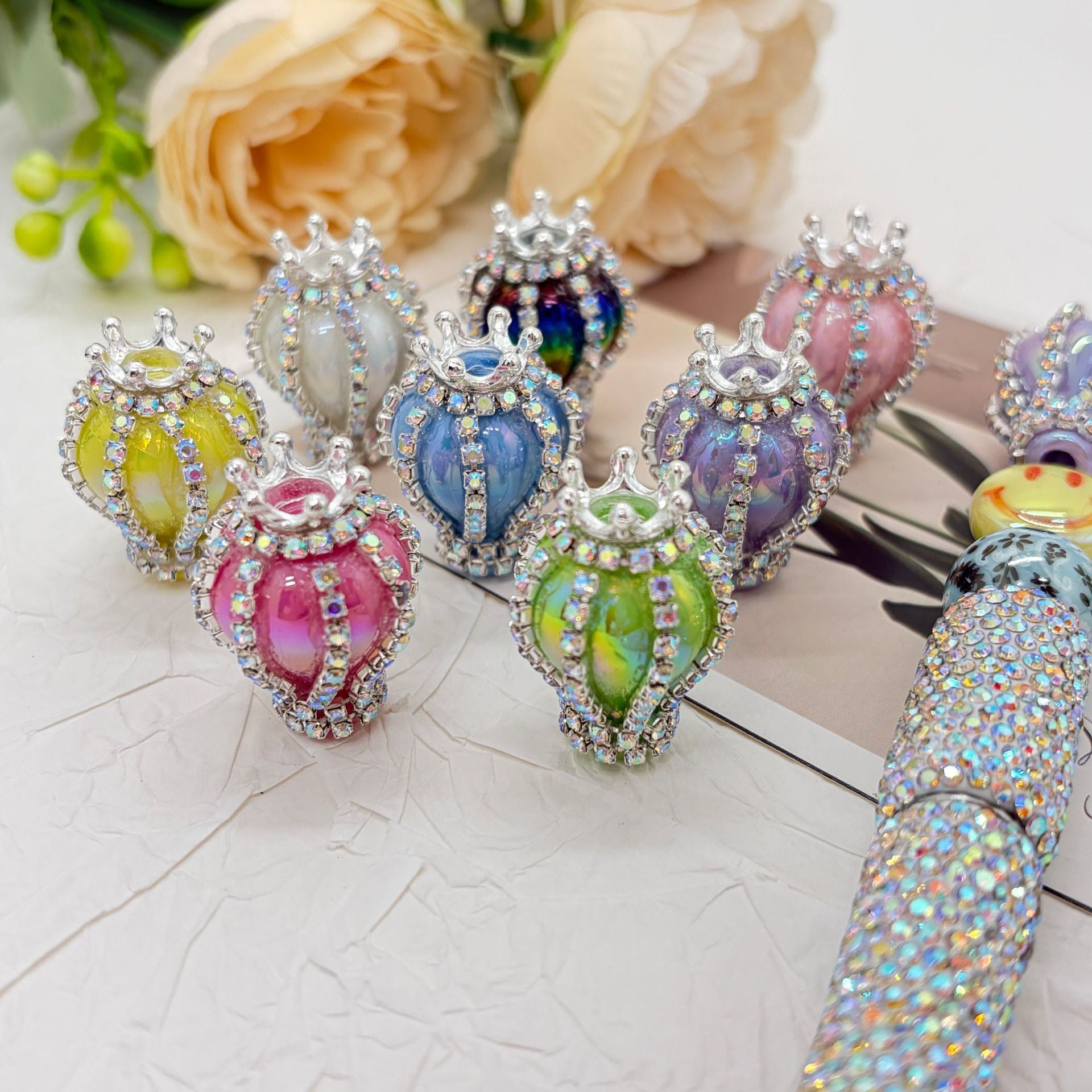 UV Finish Candy Color Hot Air Balloon Acrylic Beads with Silver Alloy Crown AB Rhinestones Chains