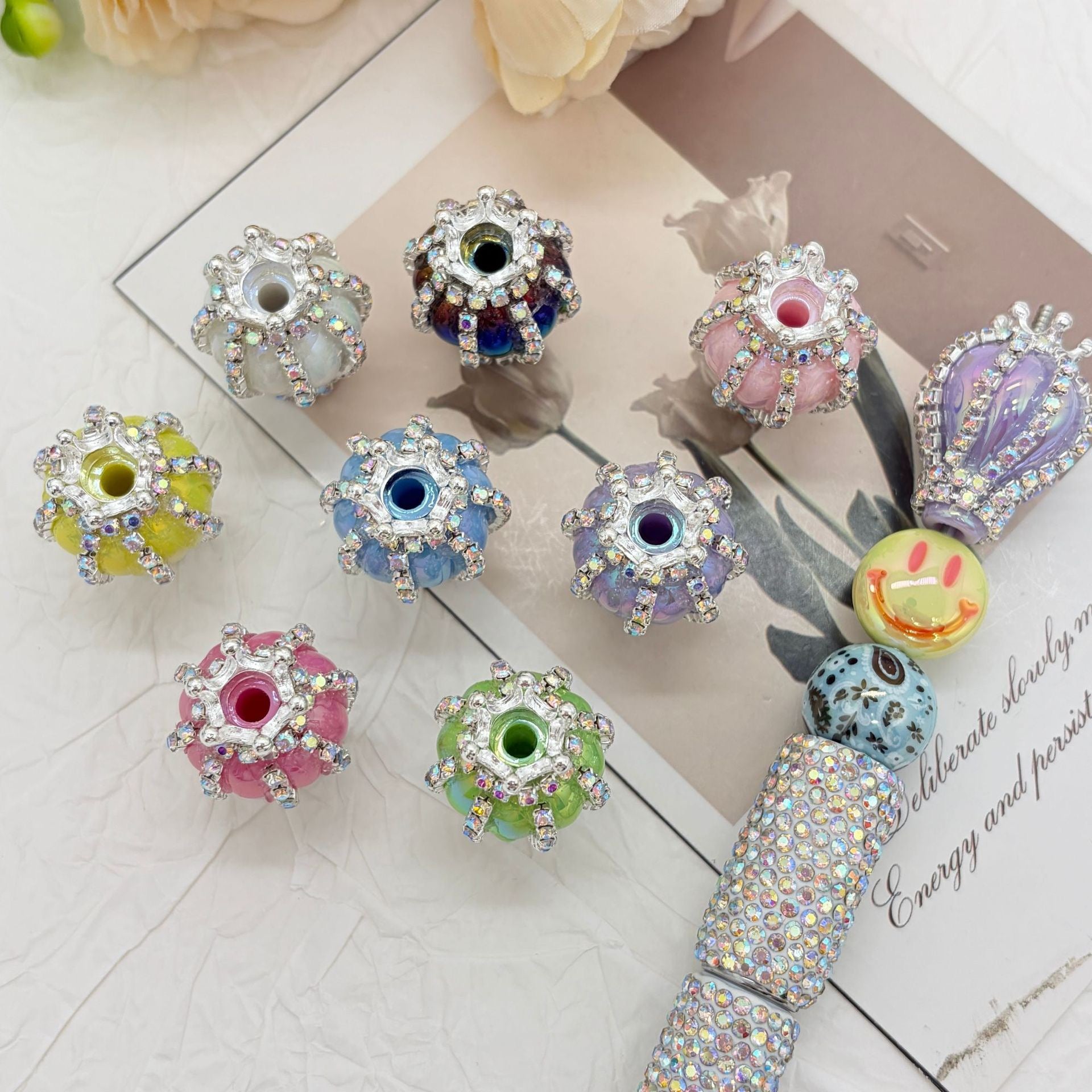 UV Finish Candy Color Hot Air Balloon Acrylic Beads with Silver Alloy Crown AB Rhinestones Chains