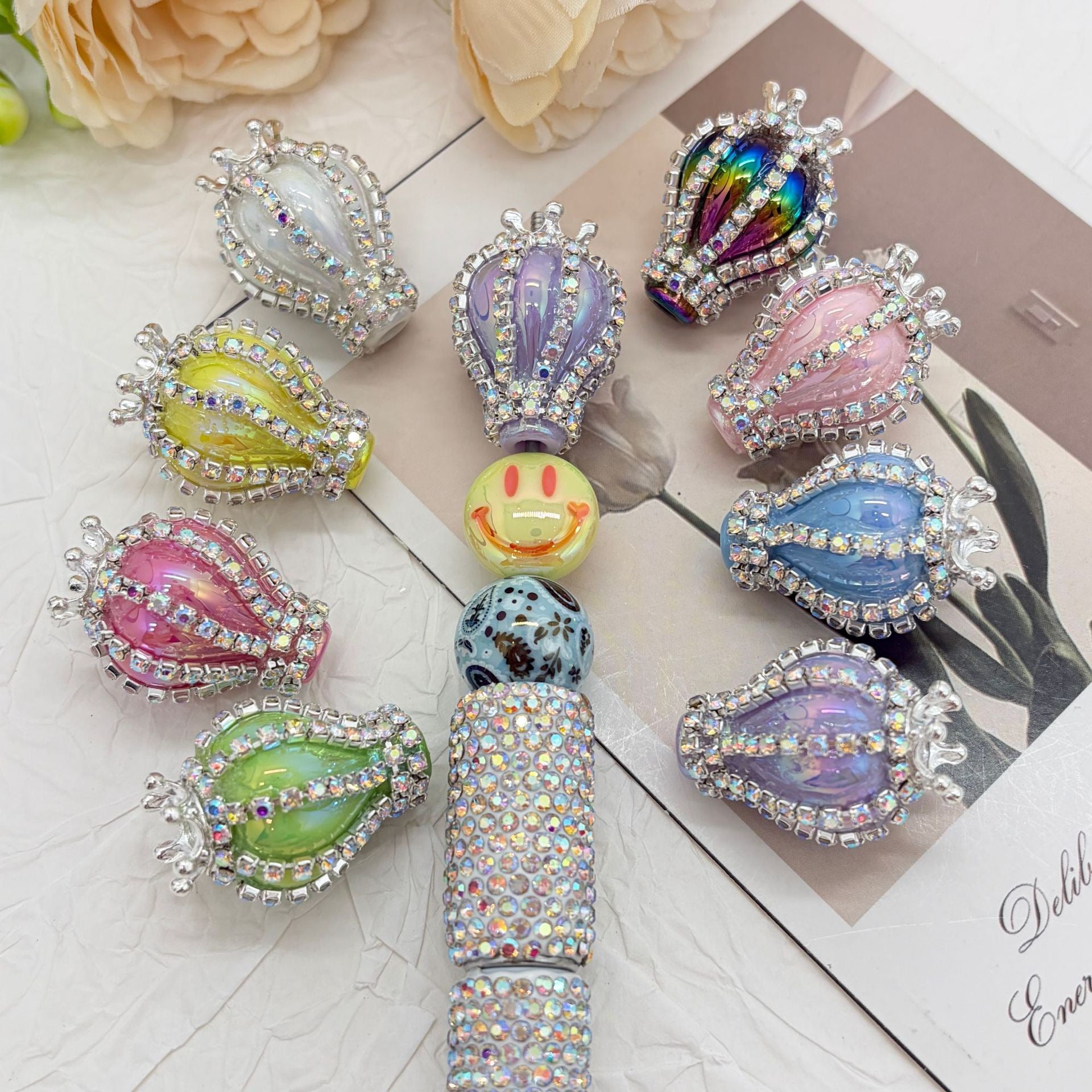 UV Finish Candy Color Hot Air Balloon Acrylic Beads with Silver Alloy Crown AB Rhinestones Chains