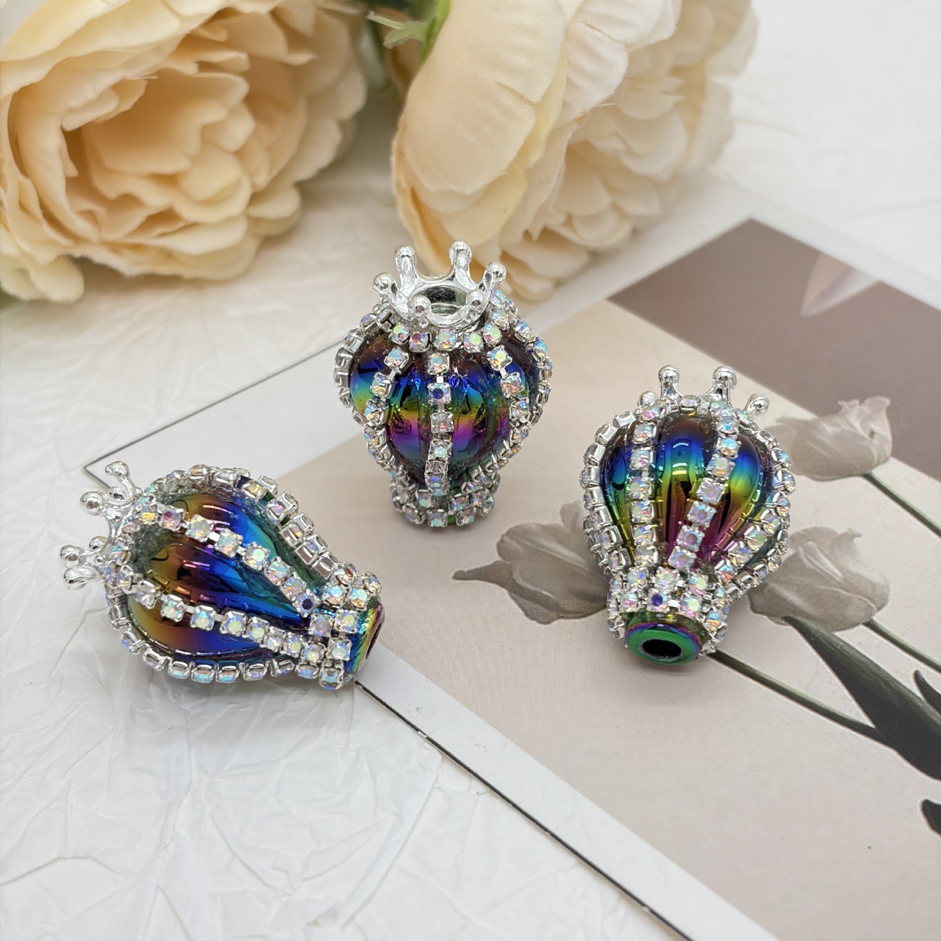 UV Finish Candy Color Hot Air Balloon Acrylic Beads with Silver Alloy Crown AB Rhinestones Chains