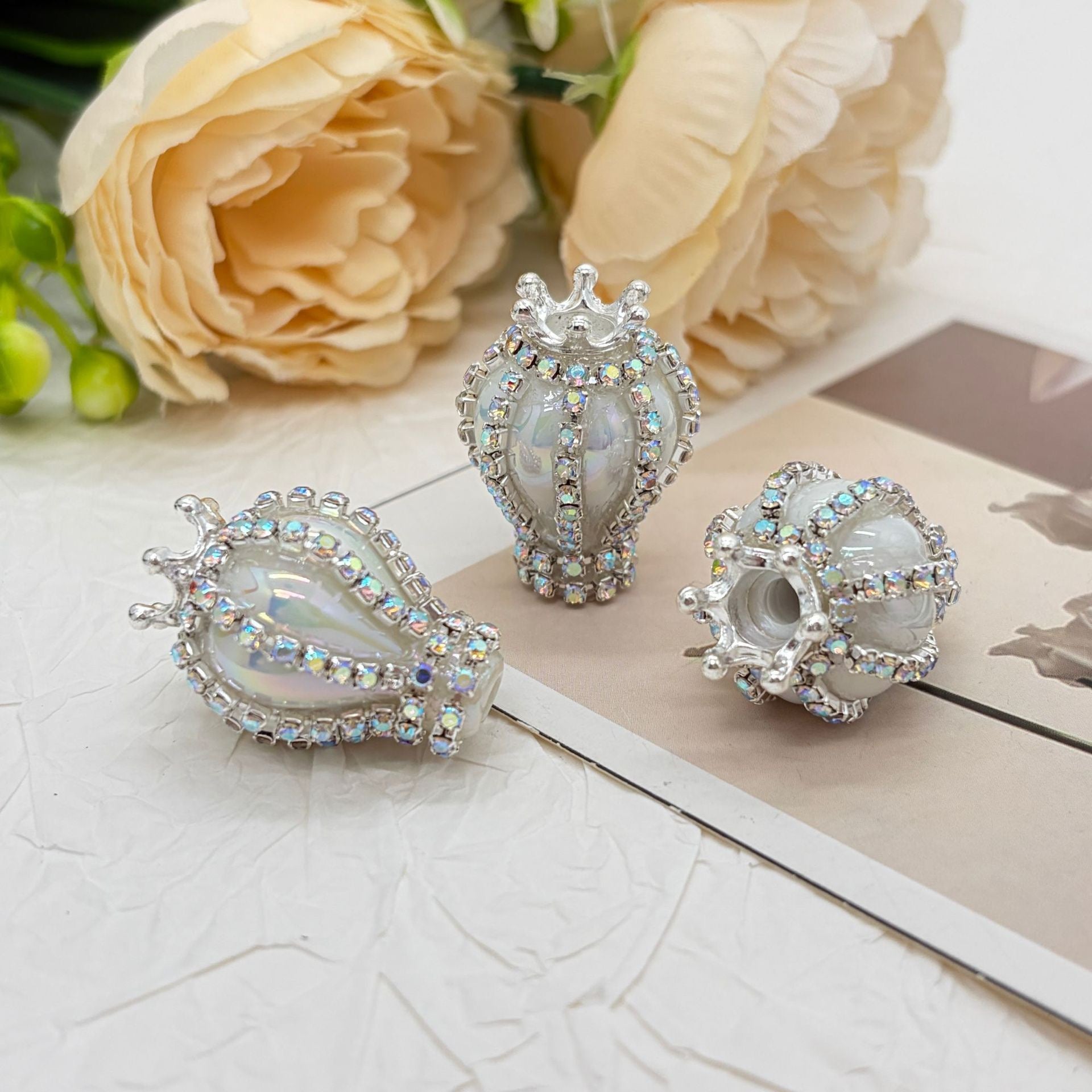 UV Finish Candy Color Hot Air Balloon Acrylic Beads with Silver Alloy Crown AB Rhinestones Chains