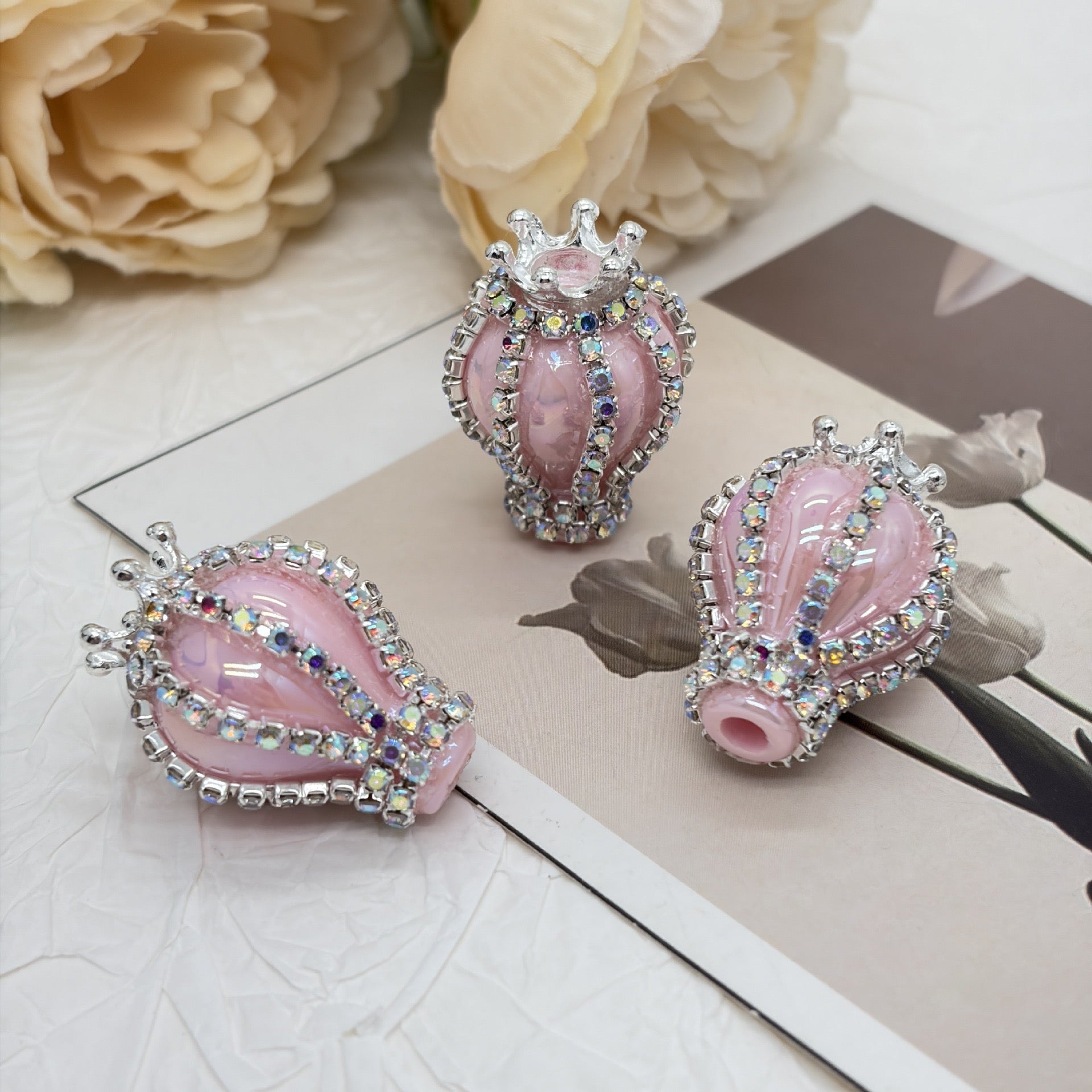 UV Finish Candy Color Hot Air Balloon Acrylic Beads with Silver Alloy Crown AB Rhinestones Chains