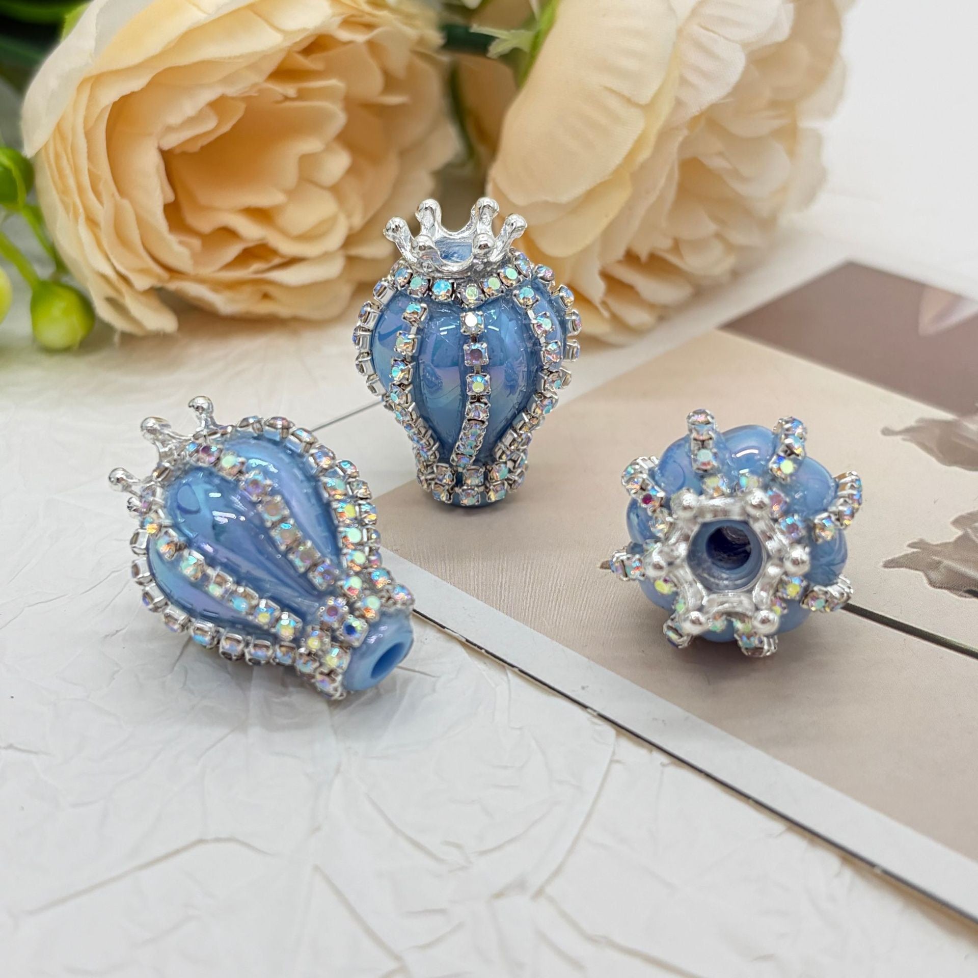 UV Finish Candy Color Hot Air Balloon Acrylic Beads with Silver Alloy Crown AB Rhinestones Chains