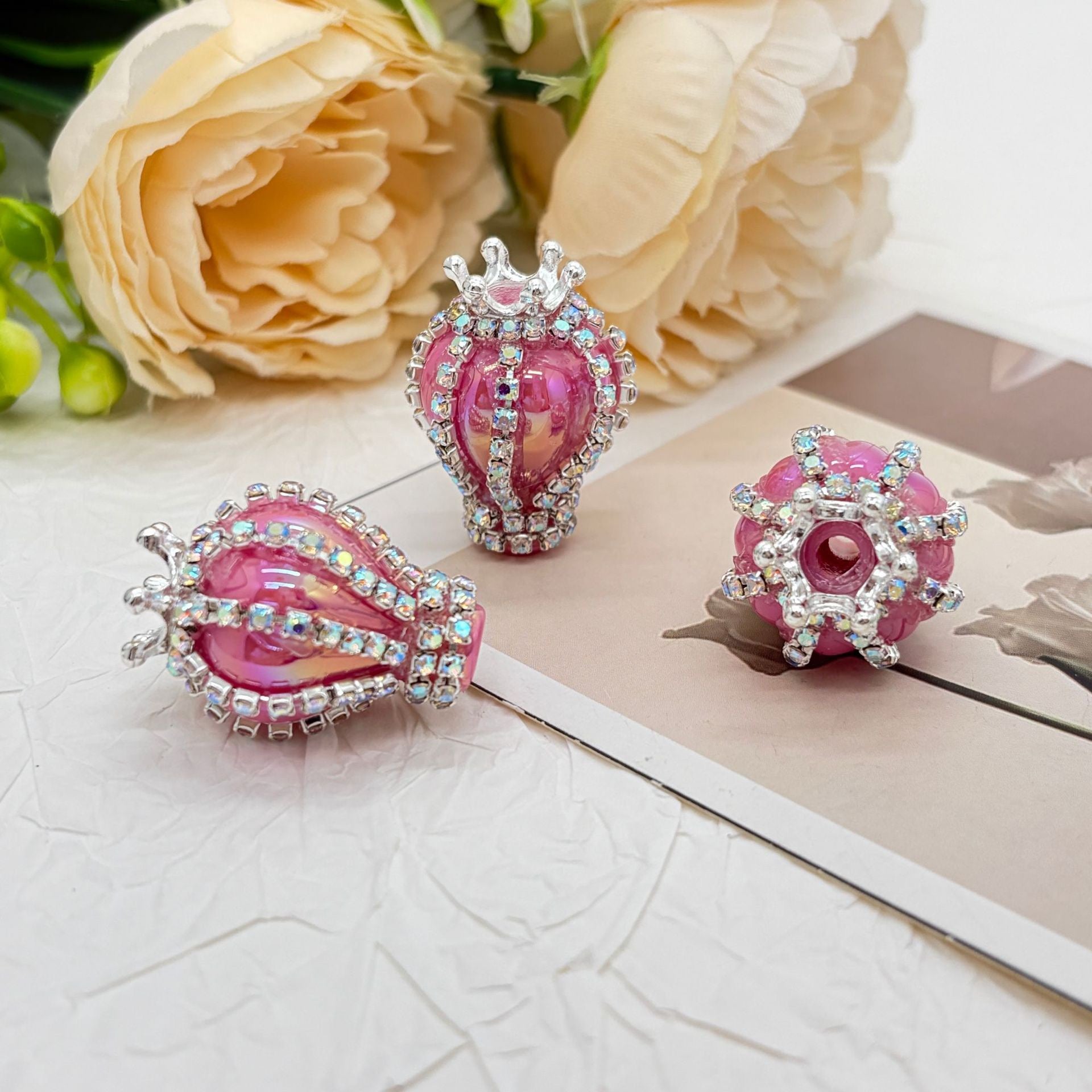 UV Finish Candy Color Hot Air Balloon Acrylic Beads with Silver Alloy Crown AB Rhinestones Chains