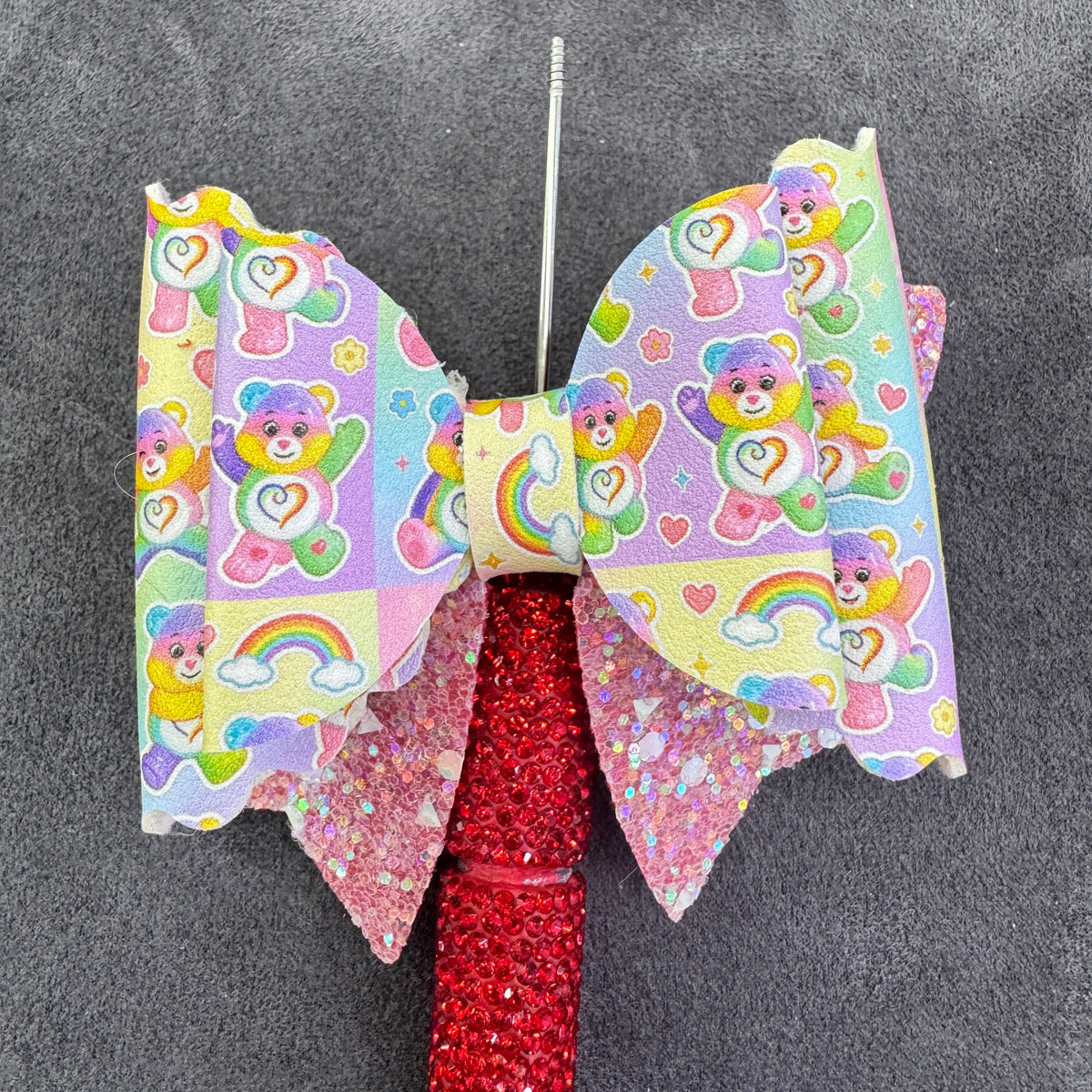 Cartoon Rainbow Care Bears Printed Glitter Layered Bow Sugar Beads,with  AB Rhinestones