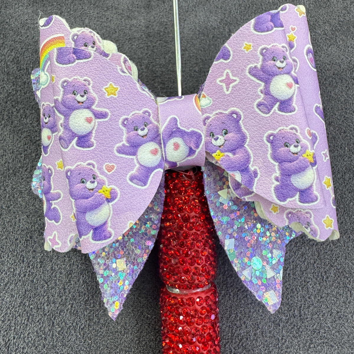 Cartoon Rainbow Care Bears Printed Glitter Layered Bow Sugar Beads,with  AB Rhinestones