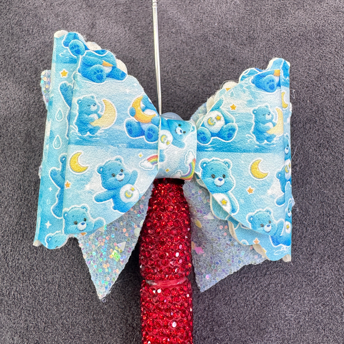 Cartoon Rainbow Care Bears Printed Glitter Layered Bow Sugar Beads,with  AB Rhinestones