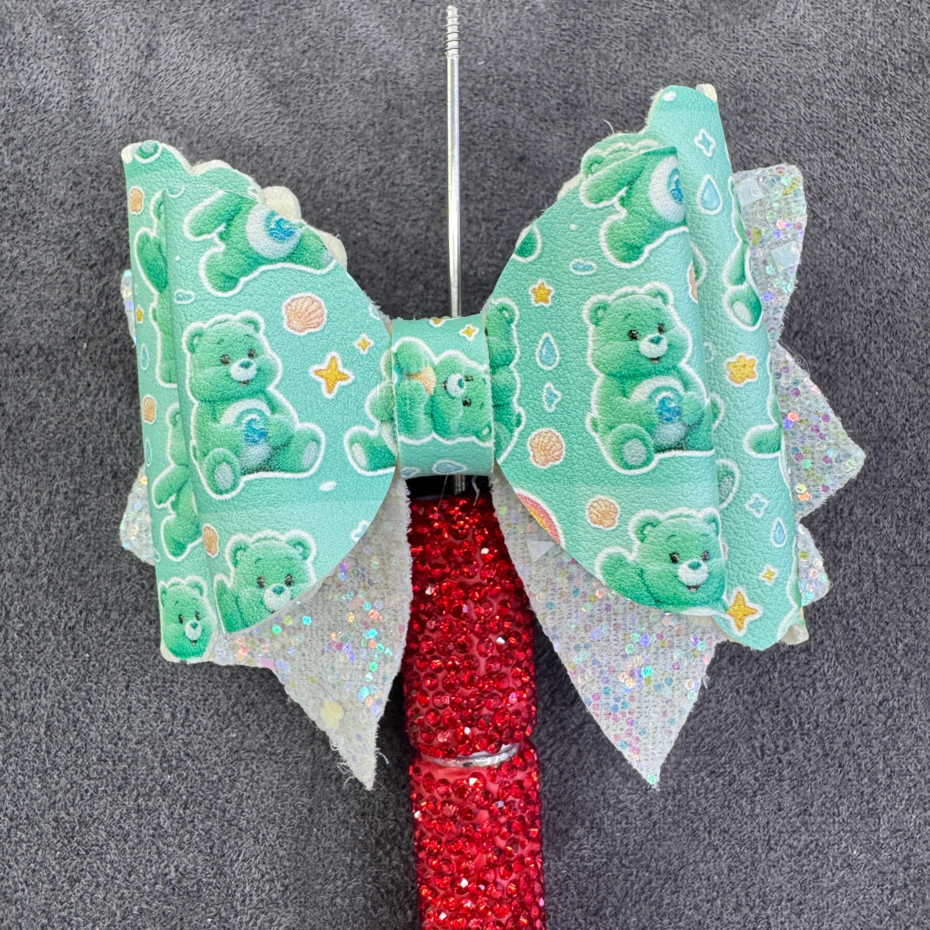 Cartoon Rainbow Care Bears Printed Glitter Layered Bow Sugar Beads,with  AB Rhinestones