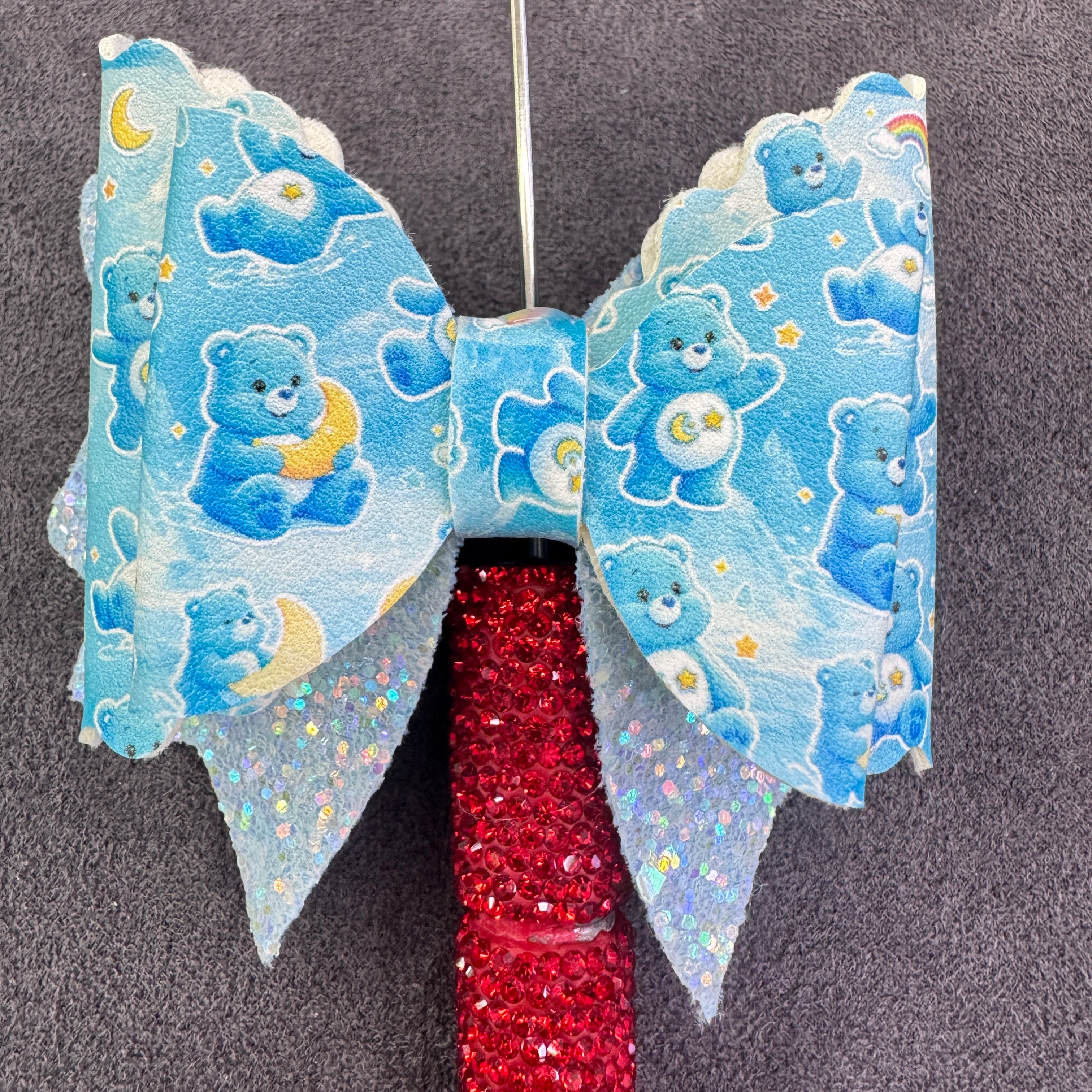 Cartoon Rainbow Care Bears Printed Glitter Layered Bow Sugar Beads,with  AB Rhinestones