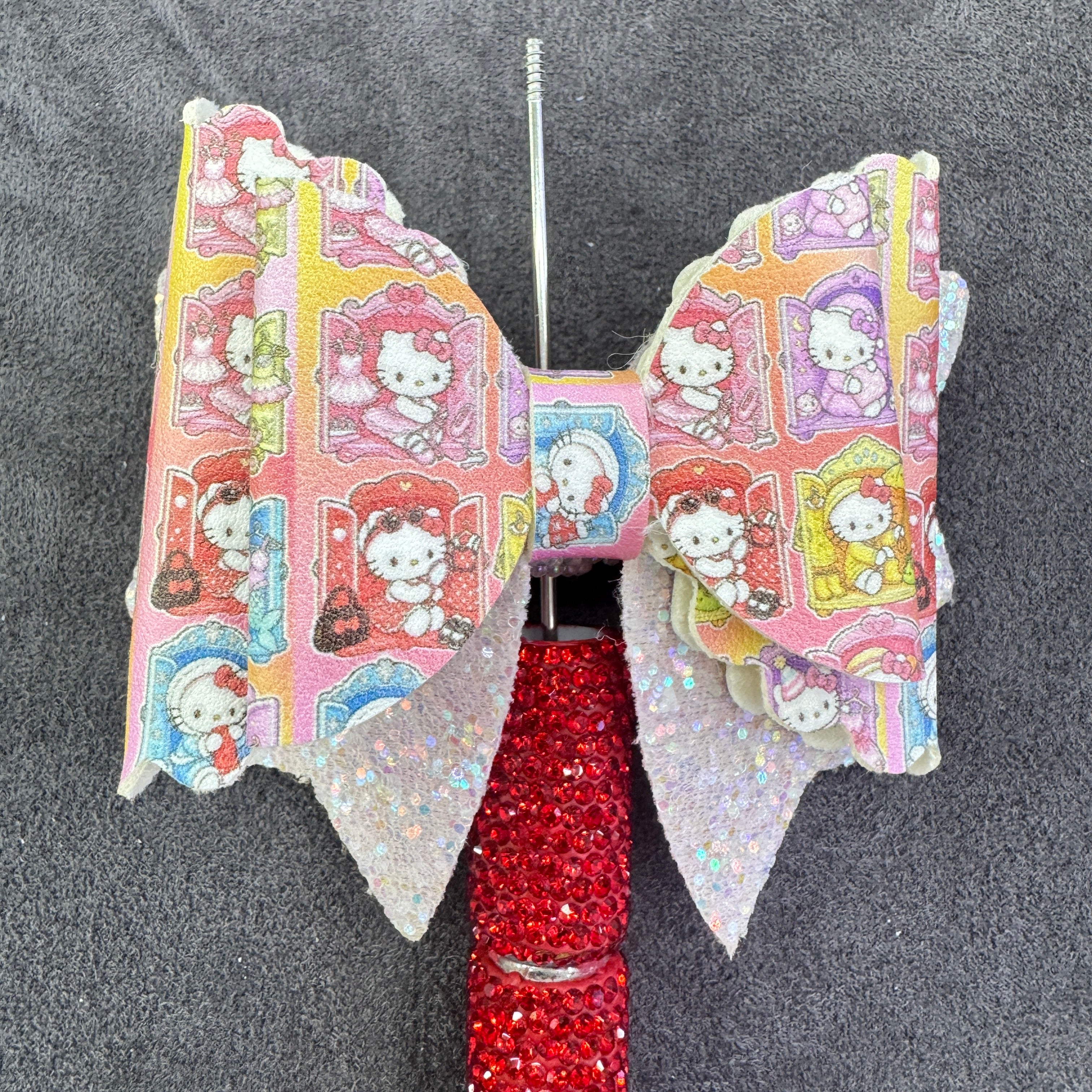 Cute Cartoon White Kitten Series Printed Glitter Layered Bow Sugar Beads