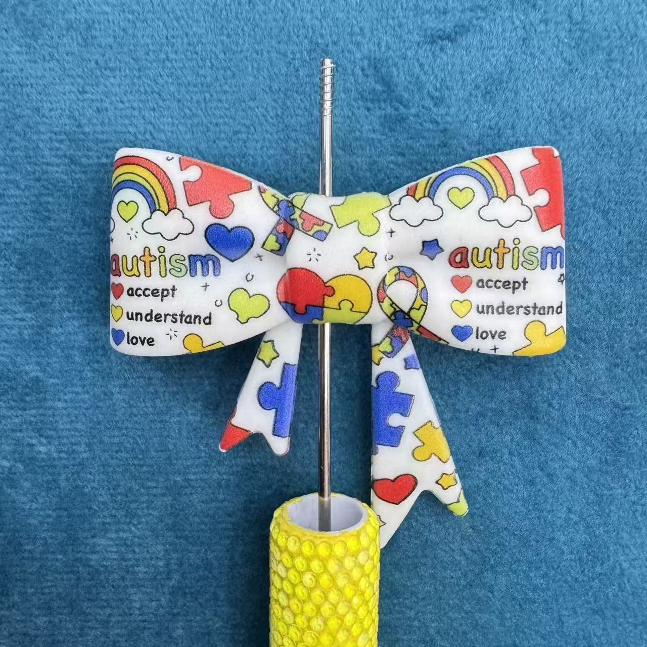Silicone Focal Beads Soft Bowtie with Puzzle Rainbow Autism Theme Print,50mm*60mm